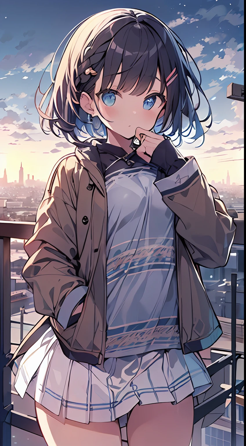 masutepiece, Best Quality,Illustration, Wallpaper, Ultra Detail, absurderes, 1loli, Solo, (Medium short hair、short braided hair), Beautiful detailed eyes , (Street), luminous sky,(a panoramic view:1.3),(Sense of depth:1.5),(longshot:1.3)