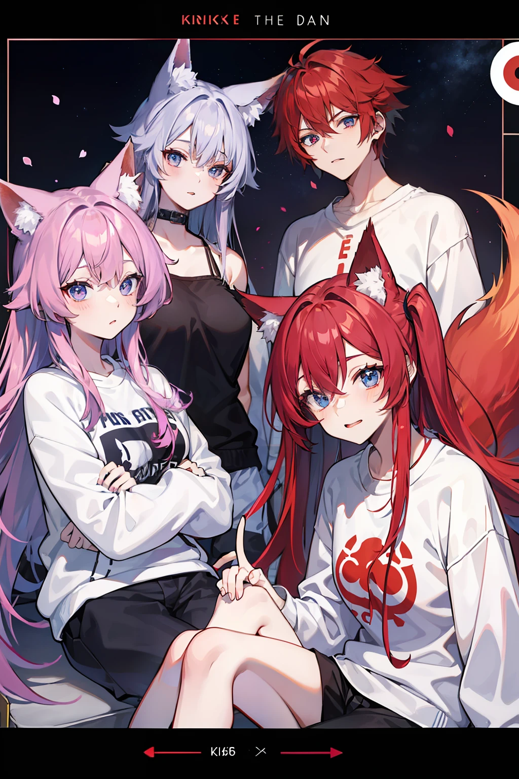 Kizi,Rosy red purple hair,blueneyes,fox ear,modern attire,full bodyesbian,Sweatshirt,long whitr hair,Qi bangs,Set the chart,Handsome
