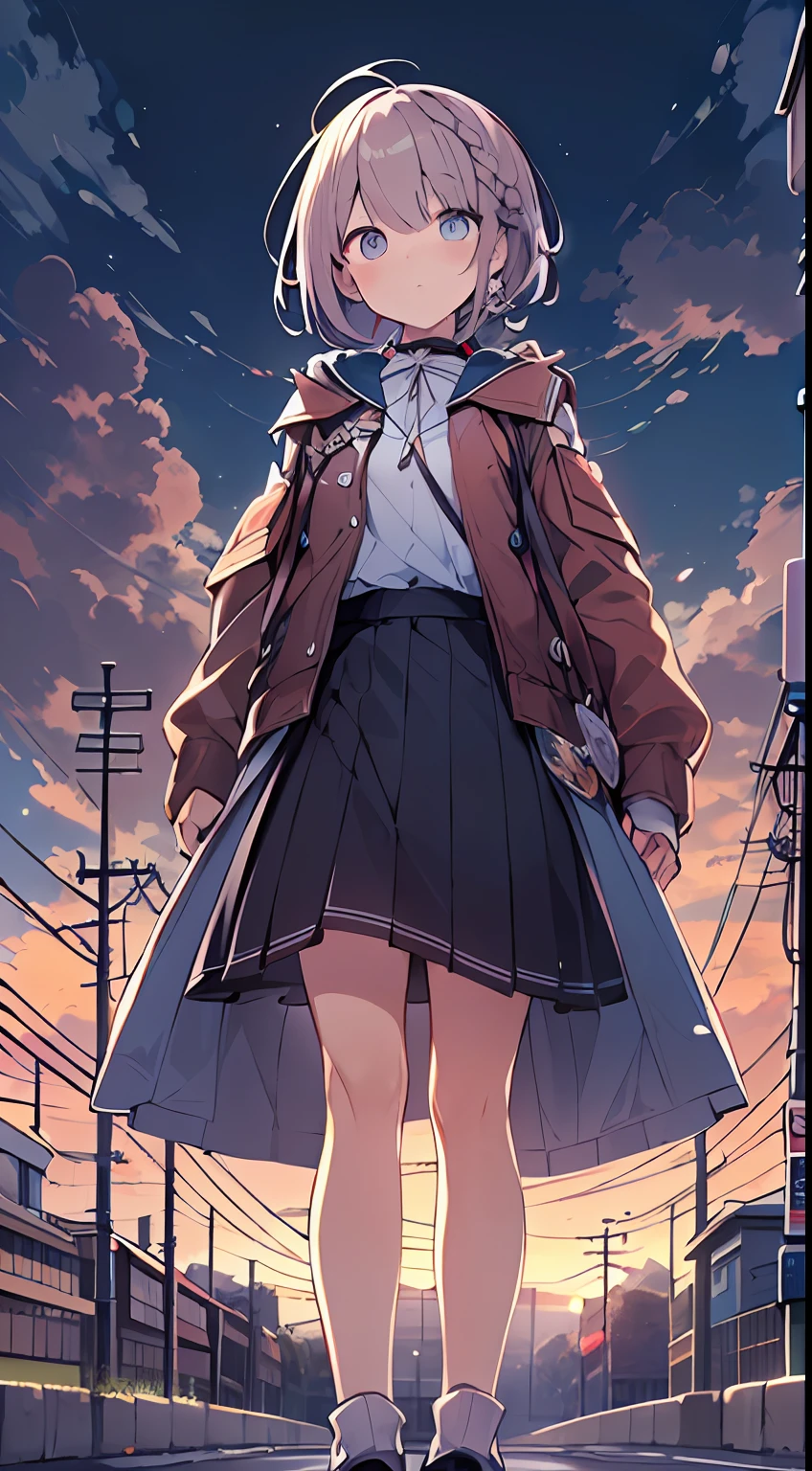 masutepiece, Best Quality,Illustration, Wallpaper, Ultra Detail, absurderes, 1loli, Solo, (Medium short hair、short braided hair), Beautiful detailed eyes , (Street), luminous sky,(a panoramic view:1.3),(Sense of depth:1.5),(longshot:1.3)
