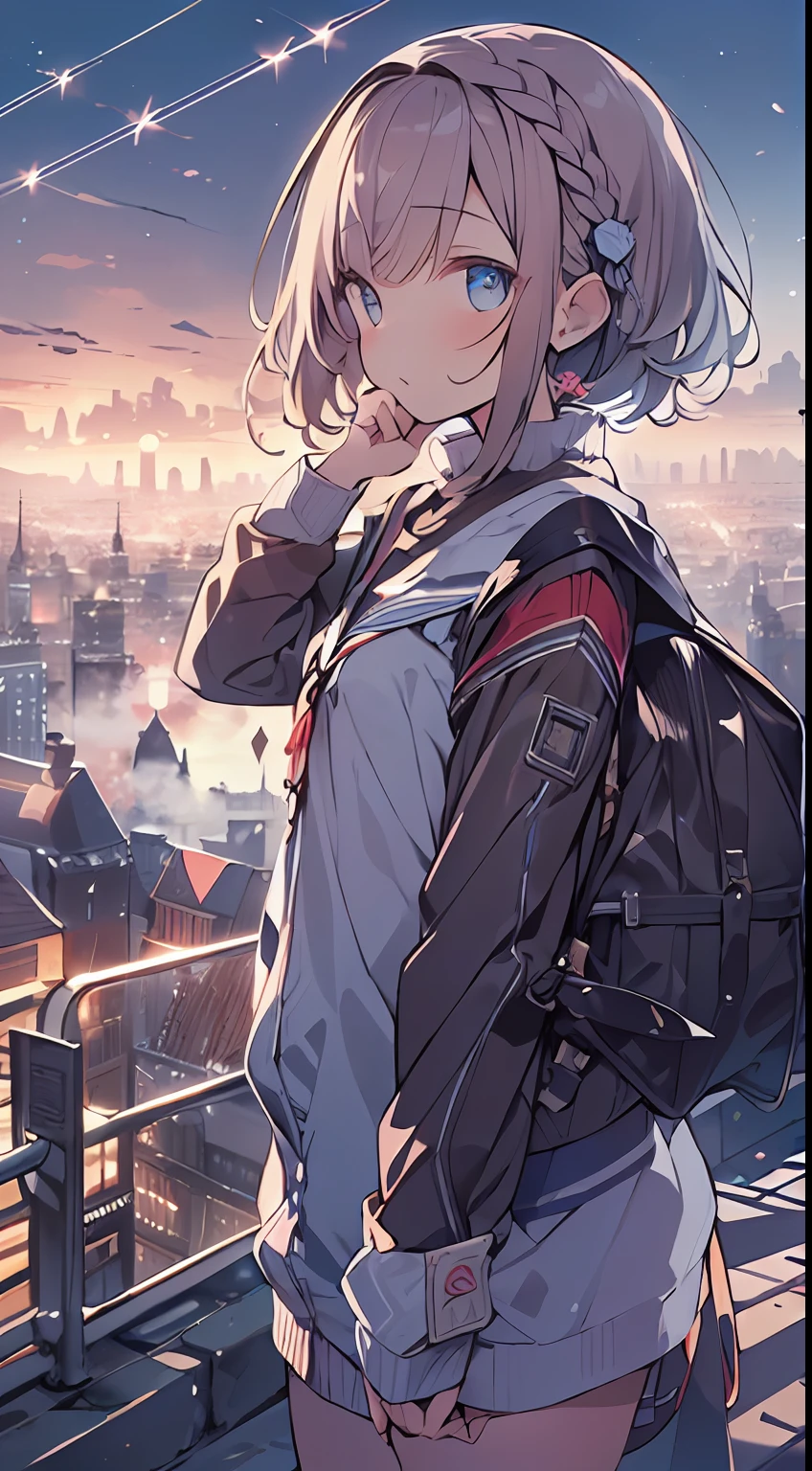 masutepiece, Best Quality,Illustration, Wallpaper, Ultra Detail, absurderes, 1loli, Solo, (Medium short hair、short braided hair), Beautiful detailed eyes , (Street), luminous sky,(a panoramic view:1.3),(Sense of depth:1.5),(longshot:1.3)