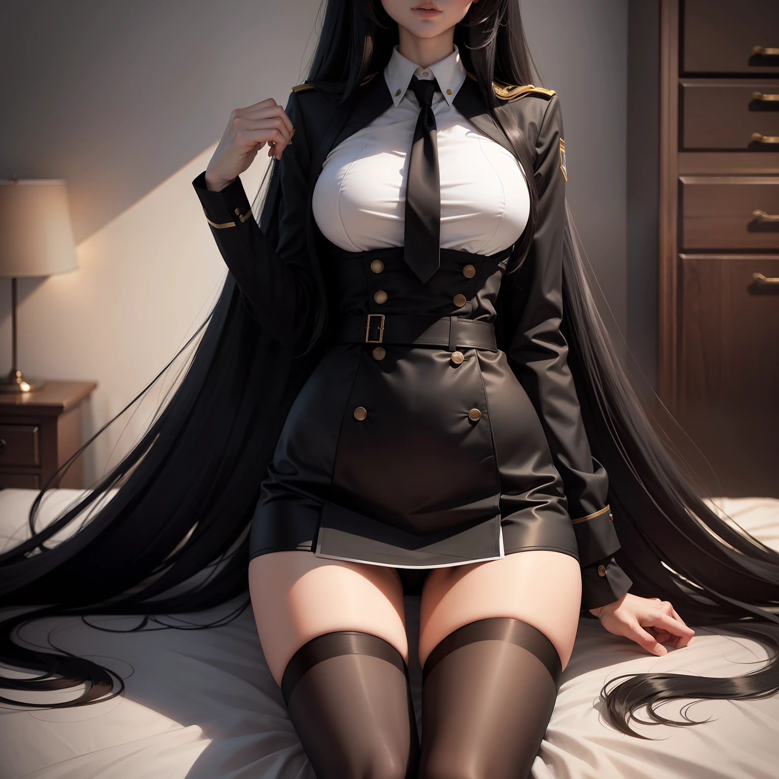 A long-legged beauty，Uniform black stockings，Long hair and waist，delicated