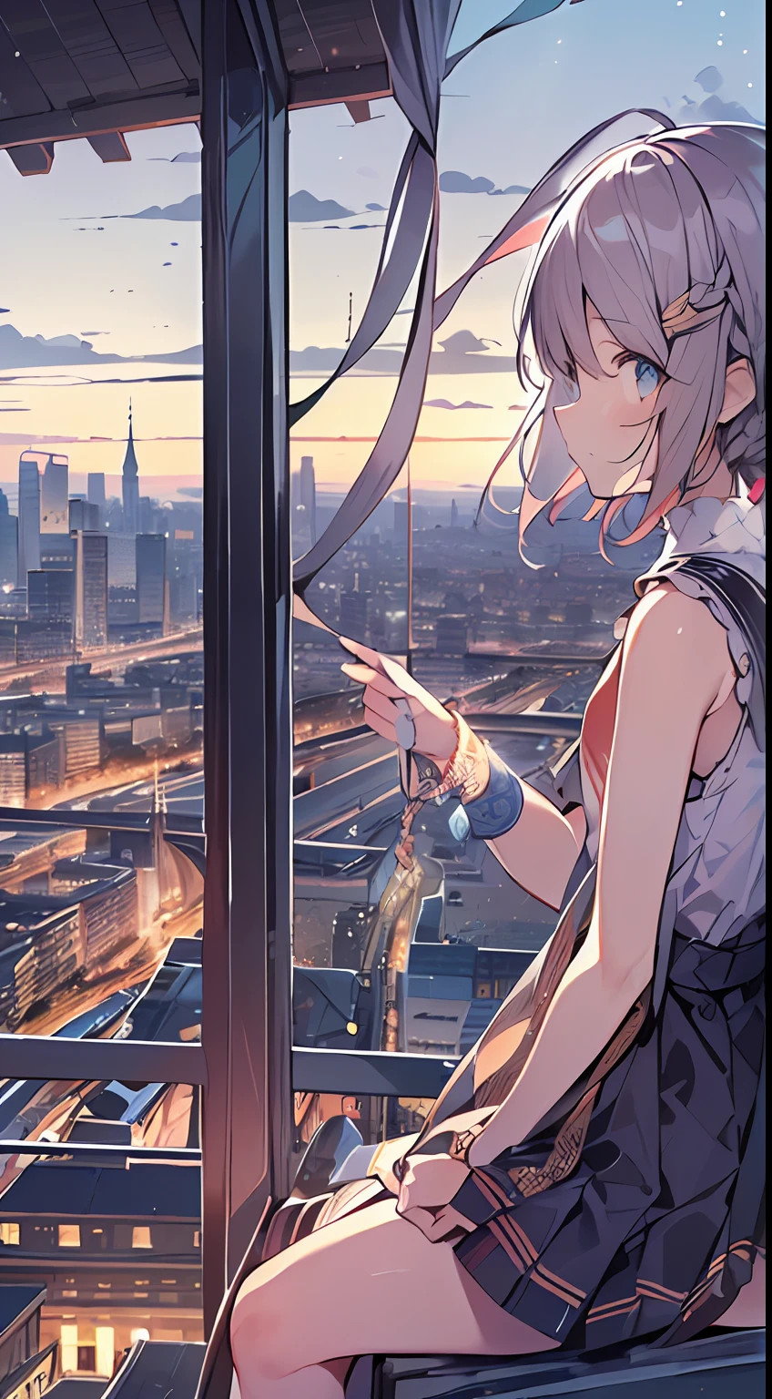 masutepiece, Best Quality,Illustration, Wallpaper, Ultra Detail, absurderes, 1loli, Solo, (Medium short hair、short braided hair), Beautiful detailed eyes , (Street), luminous sky,(a panoramic view:1.3),(Sense of depth:1.5),(longshot:1.3)