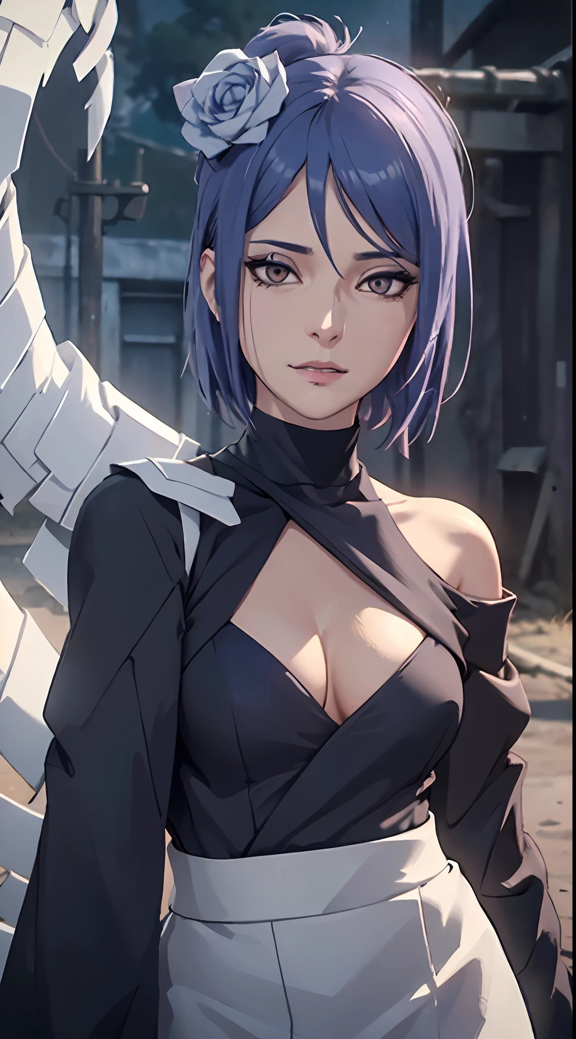 (8K,RAW photos),(best qualtiy),(tmasterpiece),(realisticlying,)(Photorealistic and realistic),(A high resolution),Hyper-detailing,(hentail realism:1.1),beauitful face,
(1female:1.1),Female pervert,(looki at viewer),cowboy lens,jpn,
Xiaonan\(Naruto\),(AKATSUKI OUTFIT:1.1),La Brett piercing,cleavage,Off-the-shoulder attire,ssmile,Be red in the face,Upper body photo
Dark blue hair,Flying white paper,
profesional lighting、photon maping、physically-based renderingt、
Dark theme,
