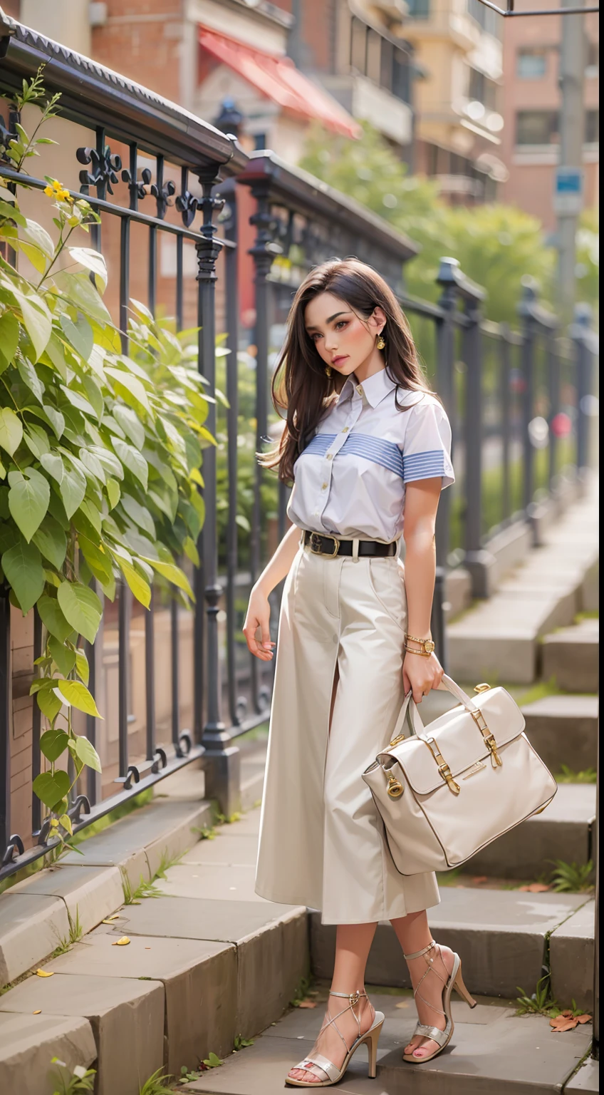 Beautiful woman in intricate Modern Preppy Outfit