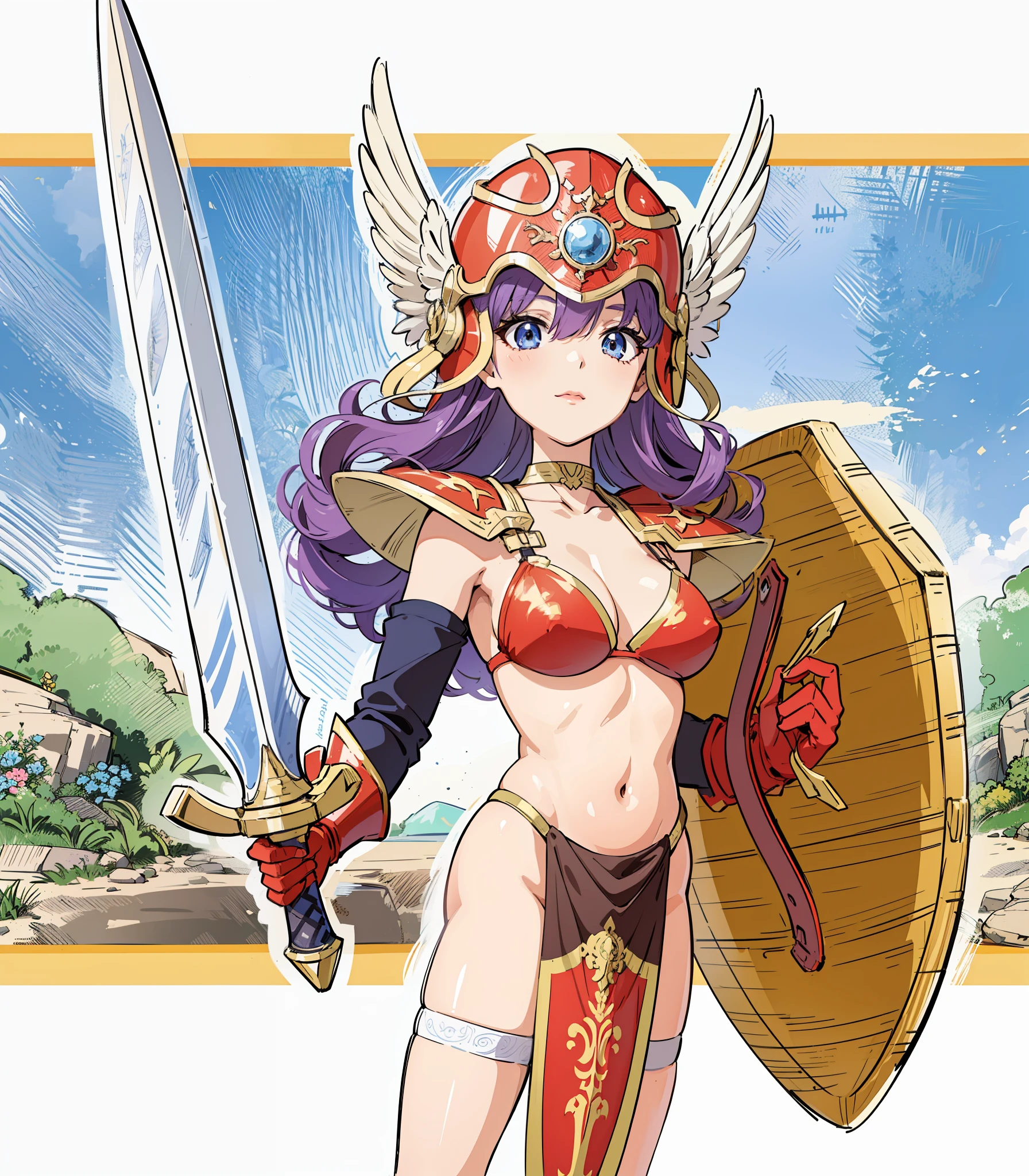 8K,high quality,anime,married woman,pale,beautifully shaped,beautiful face,small face,full body,clean,bright,highlights in eyes,sexy,super big tits,oversized tits,erotic,nude,beautiful line drawing. Red helmet, holding sword and shield, red bikini armor,