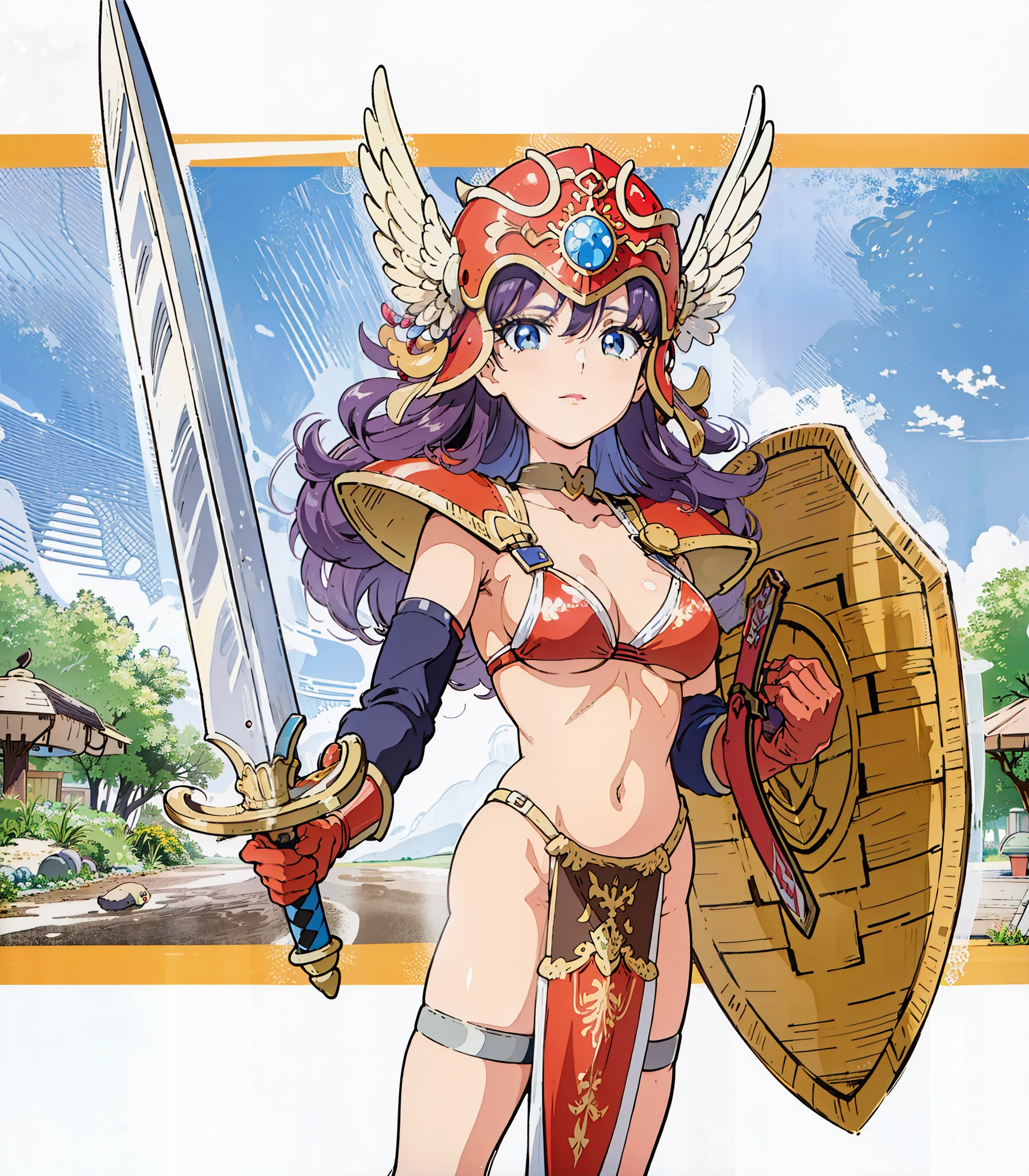 8K,high quality,anime,married woman,pale,beautifully shaped,beautiful face,small face,full body,clean,bright,highlights in eyes,sexy,super big tits,oversized tits,erotic,nude,beautiful line drawing. Red helmet, holding sword and shield, red bikini armor,