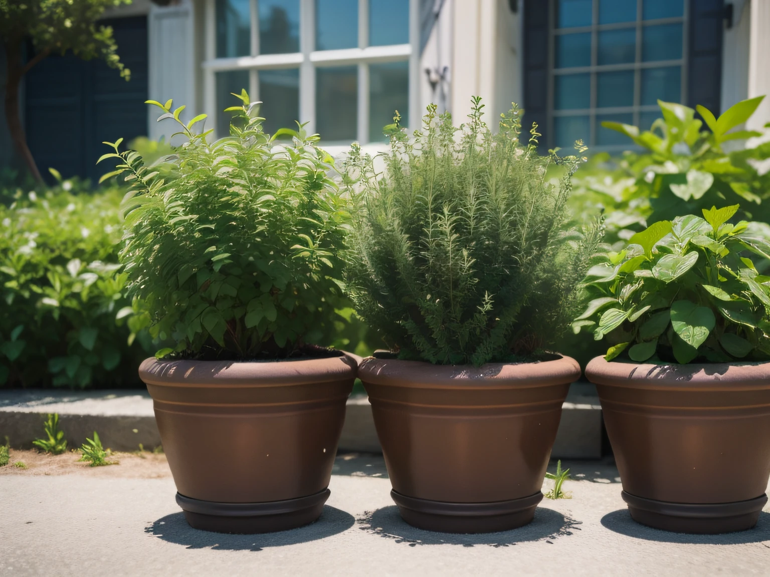 Potted plants of herbs。rosemary、mint。highly accurate。photos realistic。