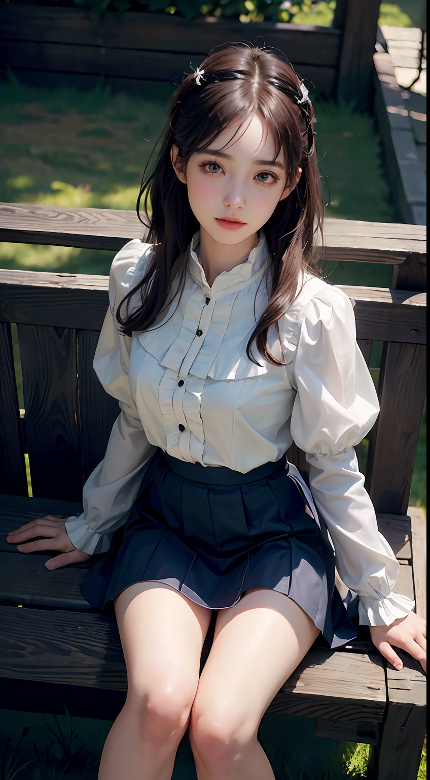 女の子1人, (Full body), Unknown , detailed  clothes, (delicate illustration:1.4),(masutepiece:1.0), (Best Quality:1.4), (超A high resolution:1.2), (Photorealistic:1.4), (8K, Raw photo:1.2), (Soft Focus:1.4), (18year old:1.3), (Sharp Focus:1.4), (Renaissance art:1.4), Detailed beautiful face, (Blouse with white collar, Silk White Socks, Dark blue skirt, Black pumps), Sitting on a chair