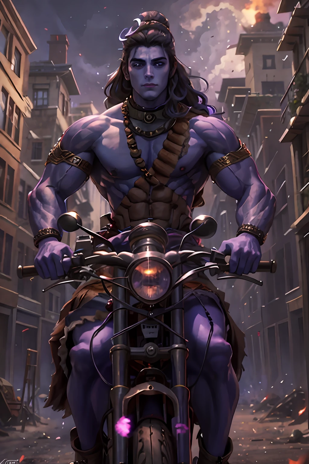 (highly detailed:1.3),male focus,purple skin,muscular,glowing eyes, riding a bullet bike