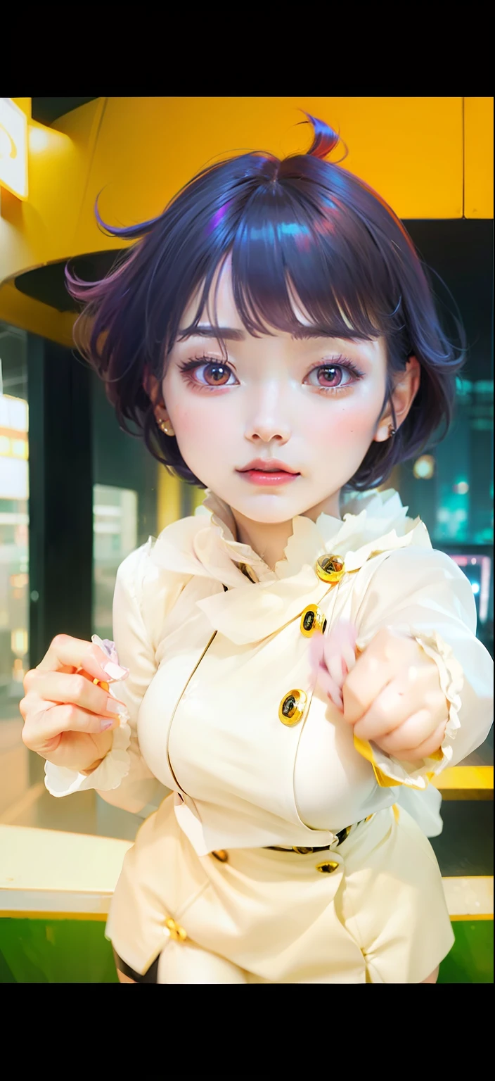 Top quality, 8k, 32k, Masterpiece, close up of a woman in black and red clothes, future anime girl, inspired by Li Shida, cyberpunk anime girl woman, cyberpunk anime girl, female anime character, anime style character, modern cyberpunk anime, cyberpunk anime art, action anime girl woman, detailed anime character art, epic anime style, realistic anime art style, female anime heroine portrait, professional makeup, very big breasted woman, (seductive pose), Sexy, beautiful white face shining, beautiful face, pink cheeks, beautiful lips, porcelain skin, detail intricate, super detailed, super high, highest detailed, high detailed, delicate, incredible detailed, fine detailed, cinematic lighting, top quality, masterpiece, smooth and beautiful, CG , unity, 8k wallpaper, Stunning, fine detail, unity CG wallpaper 8k ultra detailed, large file size, ultra detailed, high resolution, incredible detail, stunning detail, depth of field, oil painting effect in Rembrandt art style, concept portrait art in Stanley Artgerm Lau style, WLOP, trending on Artstation, epic, trend in society, detailed digital painting, very high quality model, himawari, purple hair, short hair, white eyes, yellow clothes, city background