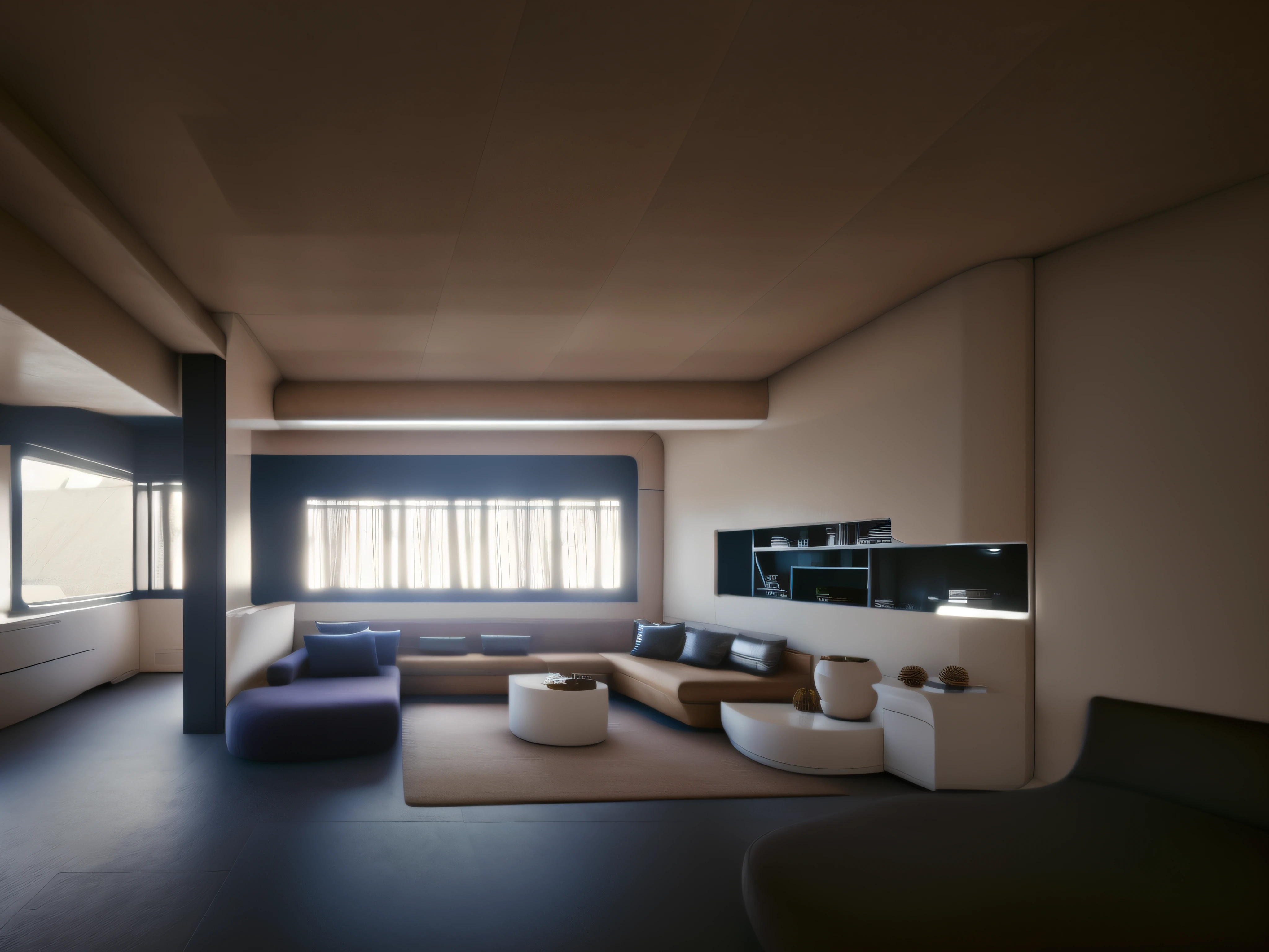 (Concept de salon moderne, Uncluttered atmosphere, mobilier minimaliste, softlighting, couleurs neutres, Natural materials, Perfect balance between functionality and aesthetics)