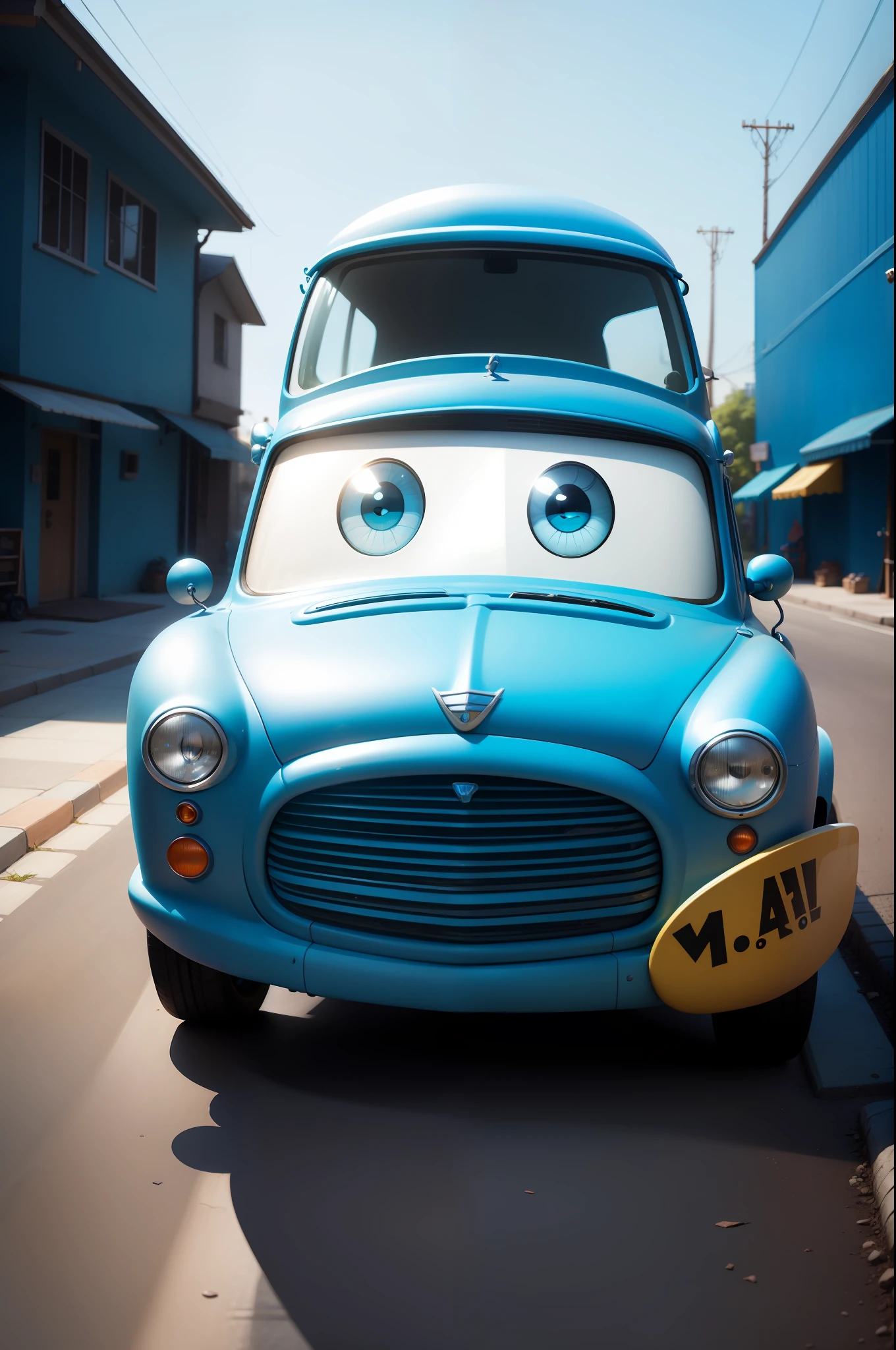 A little blue car，pixar-style，cartoonish style，Crazy details，white backgrounid
