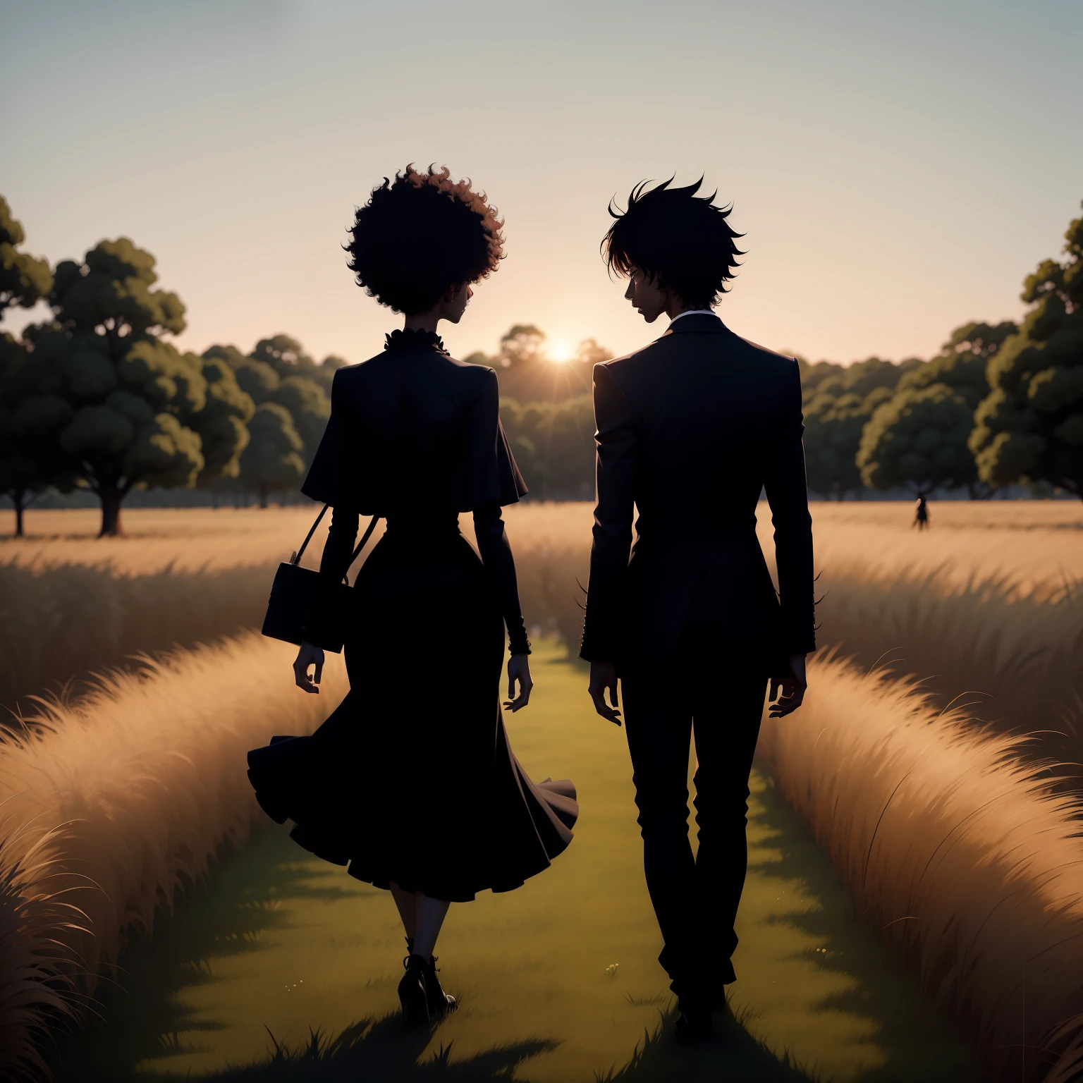 silhouette of two people walking in the grass at sunset, tall and lanky skinny, pixivs and junji ito, death note style, death note, mutants roaming in the evening, a humanoid thistle monster, death note ， d & d, unique silhouettes, afro samurai style, afro samurai animes style, character silhouette, detailed silhouette