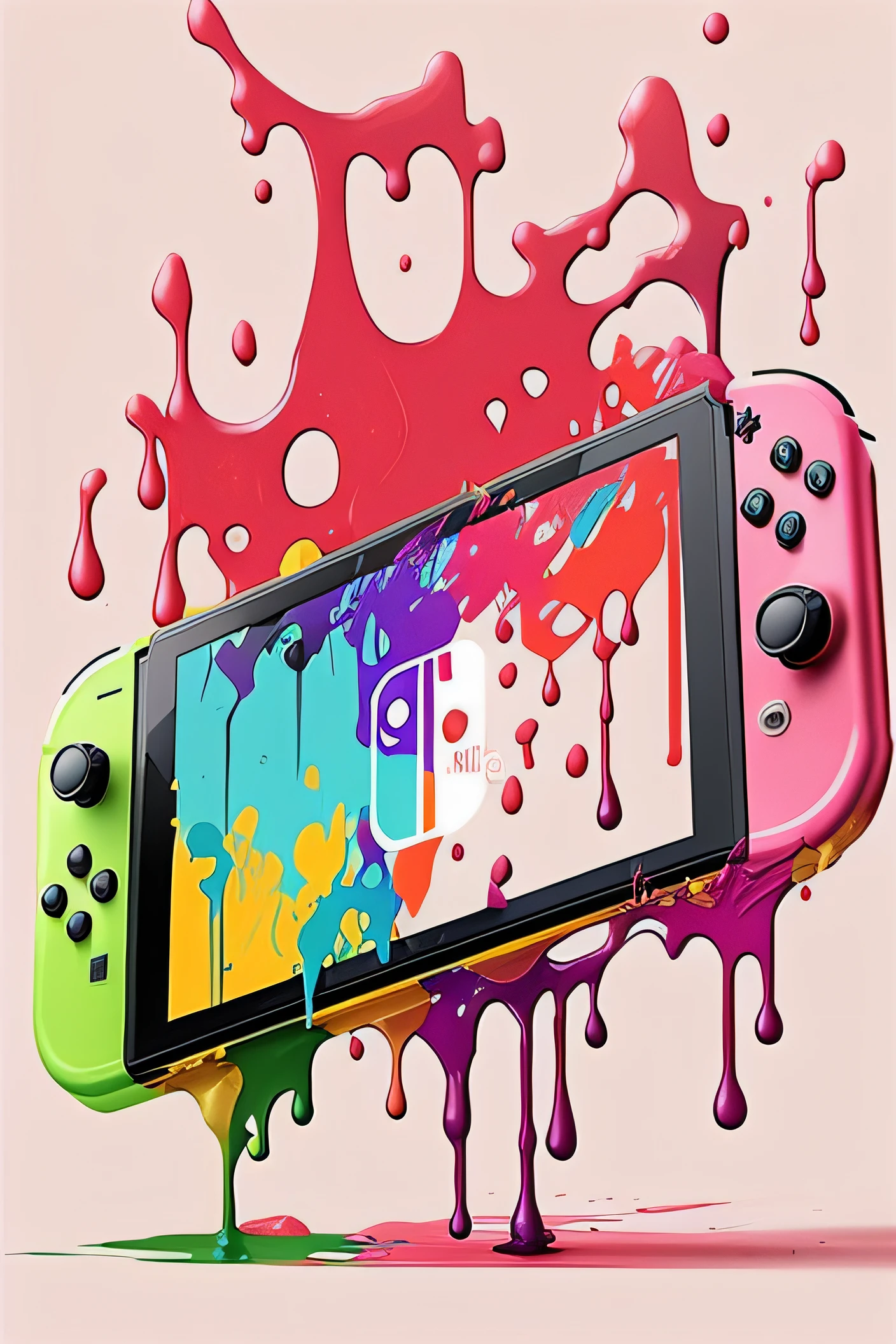 There is a picture of a mobile phone,There is a splash of paint on it, nintendo switch, amazing splashscreen artwork, nintendo game art, The color of dripping, nintendo style, Dripping color, video game digital art, with splatoon style, psychedelic dripping colors, Colorful paint dripping, dripping paint, colorful concept art, hyper color digital art, splash screen art, paint drips