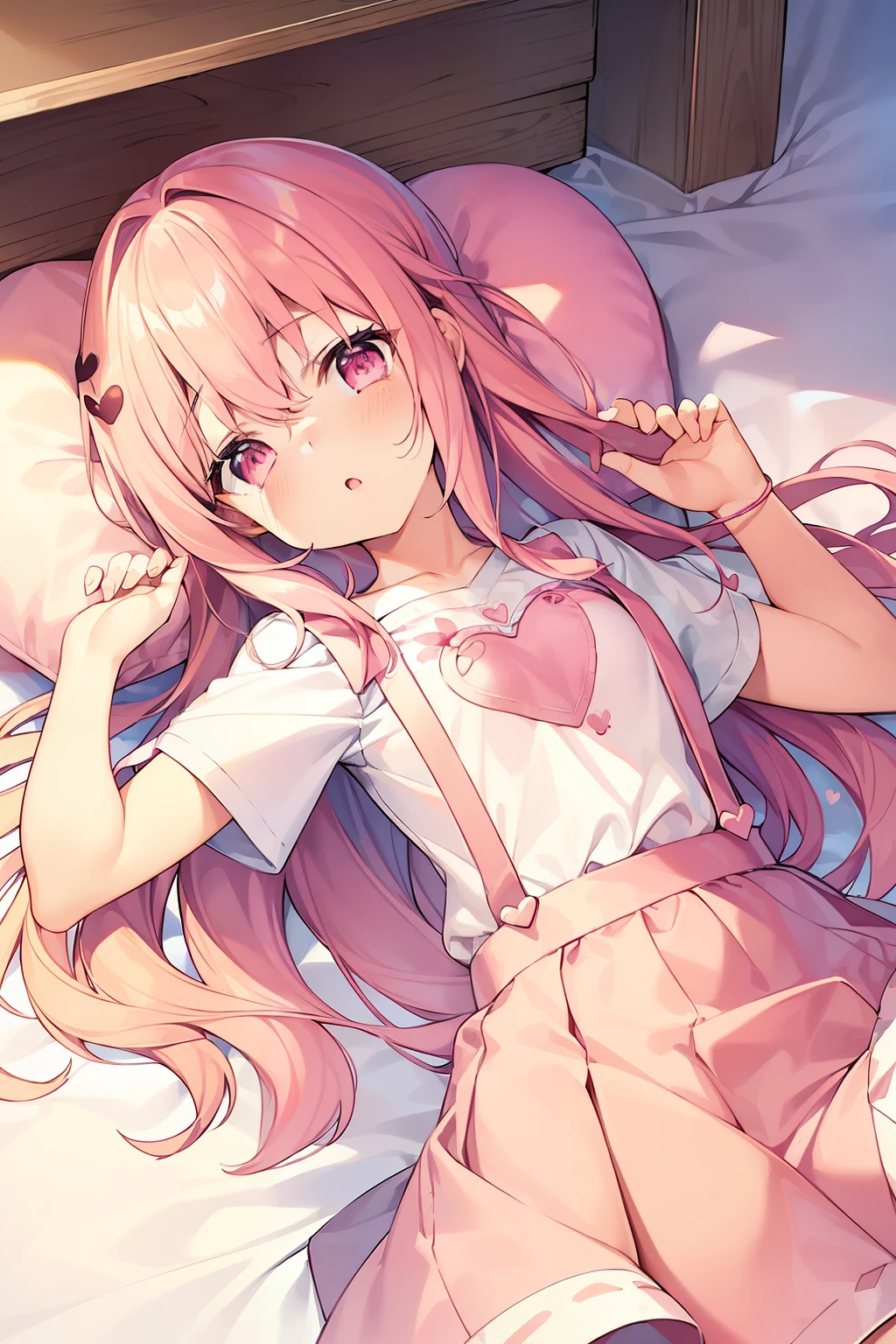 1girl. pink hair.long hair.{loli}.(short stature).small breast.white t-shirts.suspender.skirt. (((masterpiece))).(((best quality))).)((ultra-detailed))).(((illustration))). (((lie on one's side))).(((night view))).(((Heart on chest))).make a fist.Despair face.Opening Mouth.