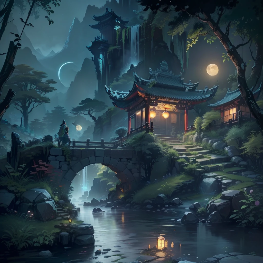 Ancient Chinese architecture, cool colors, dark night, moon, garden, bamboo, lake, stone bridge, rockery, arch, corner, tree, running water, landscape, outdoor, waterfall, grass, rock, dense fog, (Illustration: 1.0) , Epic Composition, HD Details, Masterpiece, Best Quality, (Very Detailed CG Unity 8k Wallpapers) --v 6
