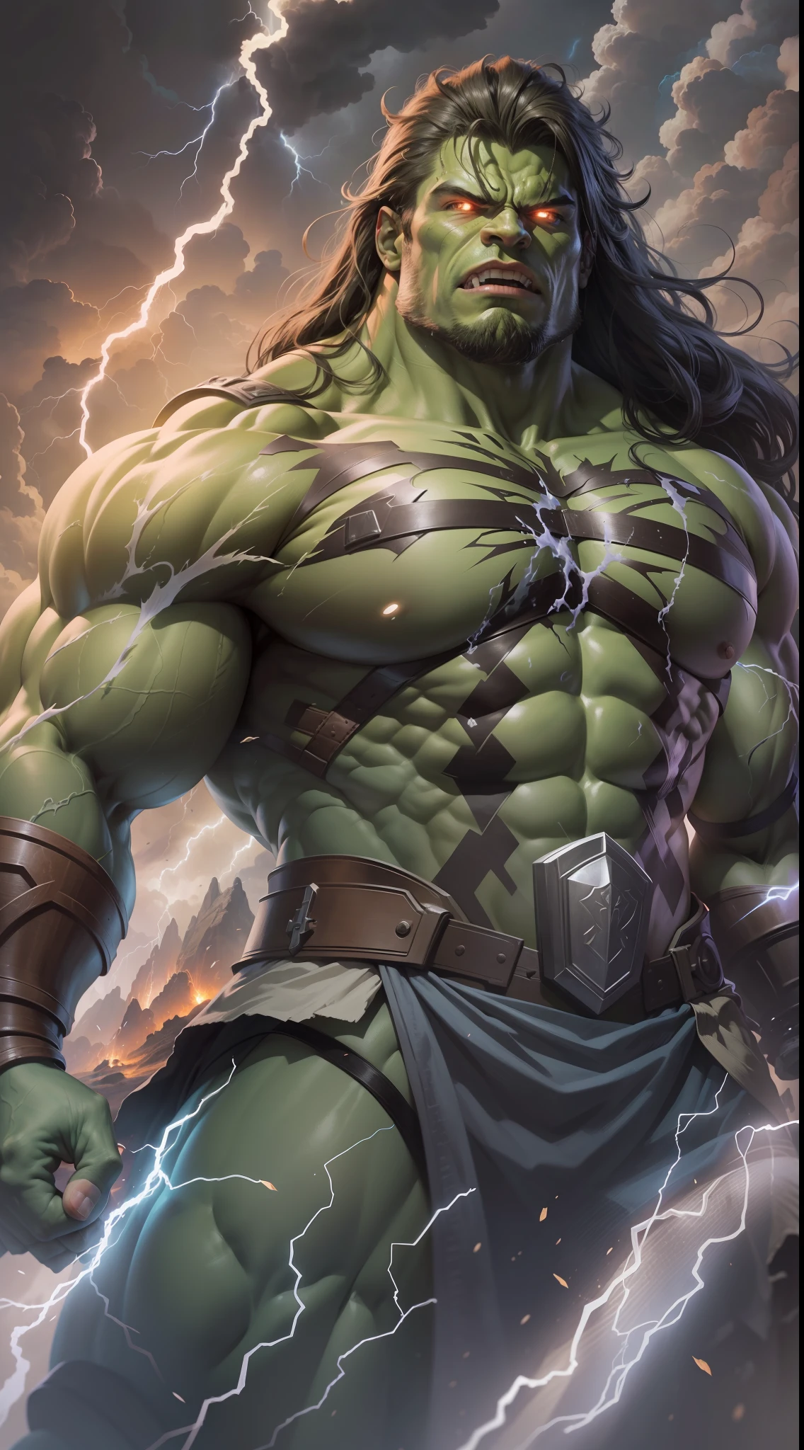 ((impresionante obra maestra)), (Ultra resolution 8K), The best illustration,((obra maestra sin antecedentes)), Epic illustration of Hulk dressed as Thor thunder days, Hulk con armadura de Thor, martillo Mjolnir. de Thor, capa roja, Very well detailed comic book masterpiece, Lightning thunder and lightning, Hetera illustration, Epic lighting, agregar efecto al final de la obra