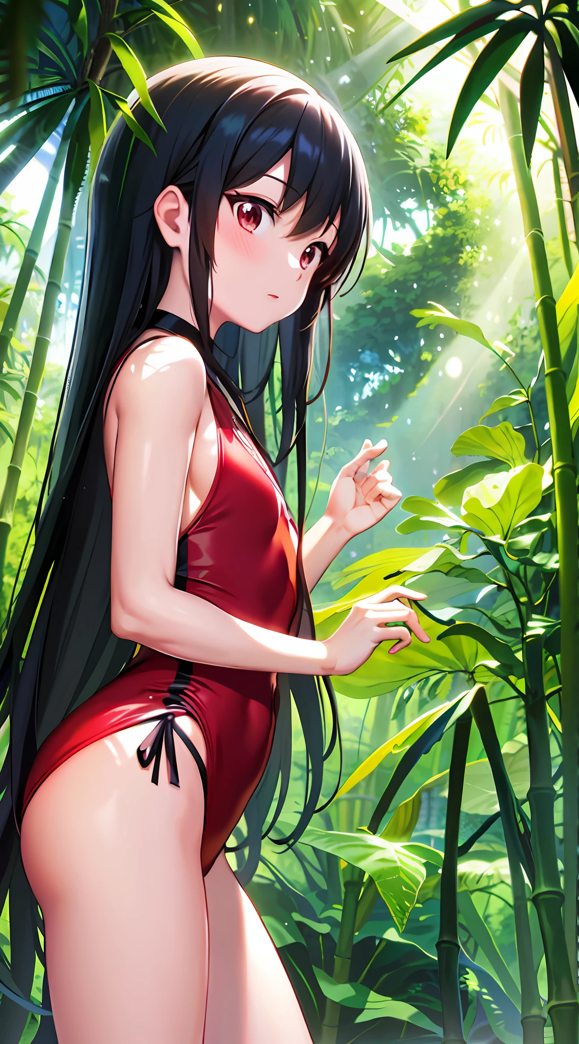 Anime Girl in red swimsuit standing in sunny bamboo forest, drawn in anime painter studio, Digital anime illustration, Smooth anime CG art, seductive anime girls, Beautiful anime girl, Beautiful anime artwork, made with anime painter studio, beautiful alluring anime , in bamboo forest, Digital anime art, clean and meticulous anime art, anime moe art style, Detailed digital anime art