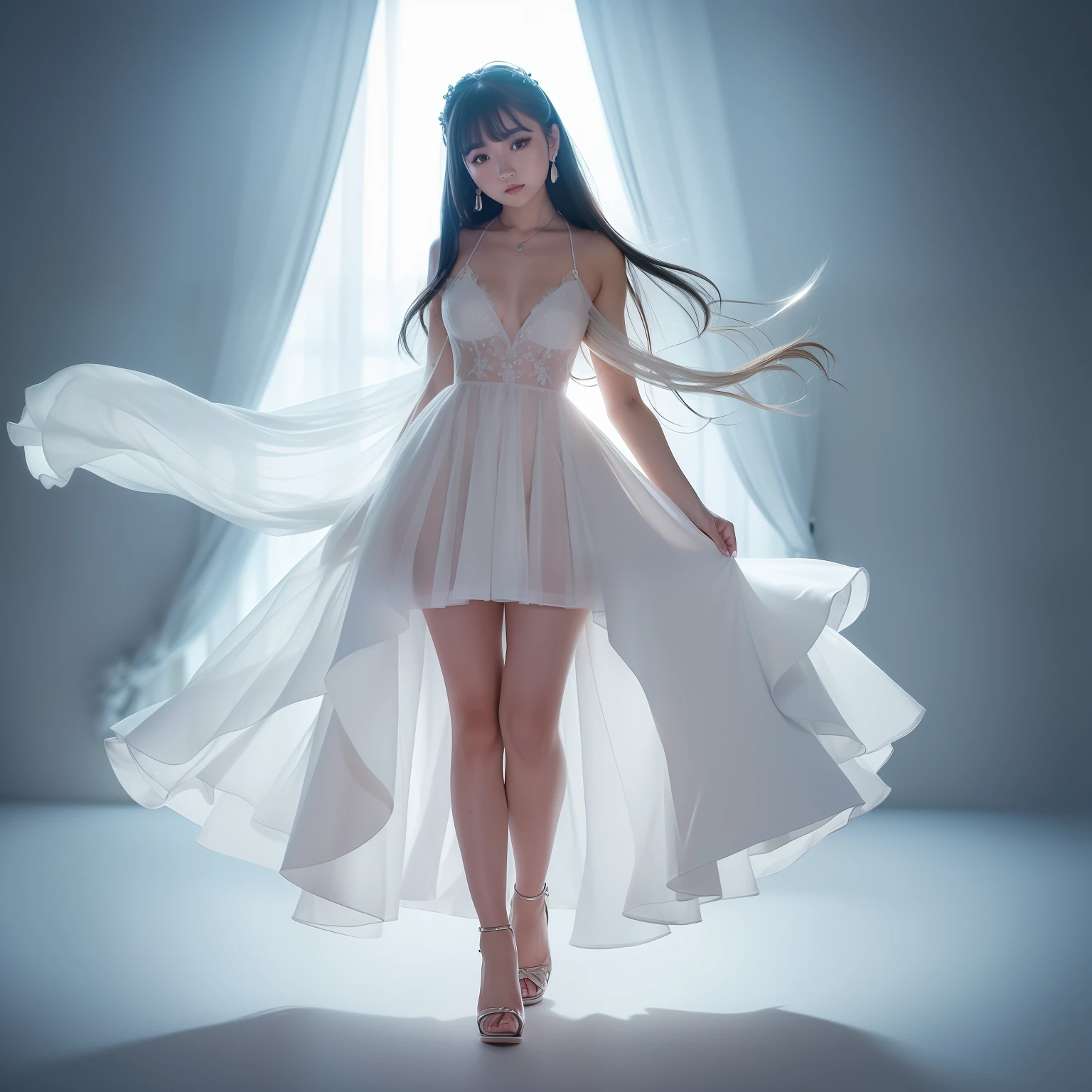 (8k, RAW photo: 1.2), 1 girl, (long hair: 1.31), earrings, hair ring, necklace, cinematic lighting, top quality, ultra high resolution, (photorealistic: 1.3), POV, (solo: 1.1), (viewer view: 1.331), (parted lips: 1.1), (eyelashes: 1.1), (happy: 1.21), (depth of field: 1.1), Lens flare, (chromatic aberration: 1.1), (caustics: 1.1), (interspersed luminous petals: 1.331), ulzzang-6500-v1.1,((dream asymmetrical dress)))),((full body)),((high heels))