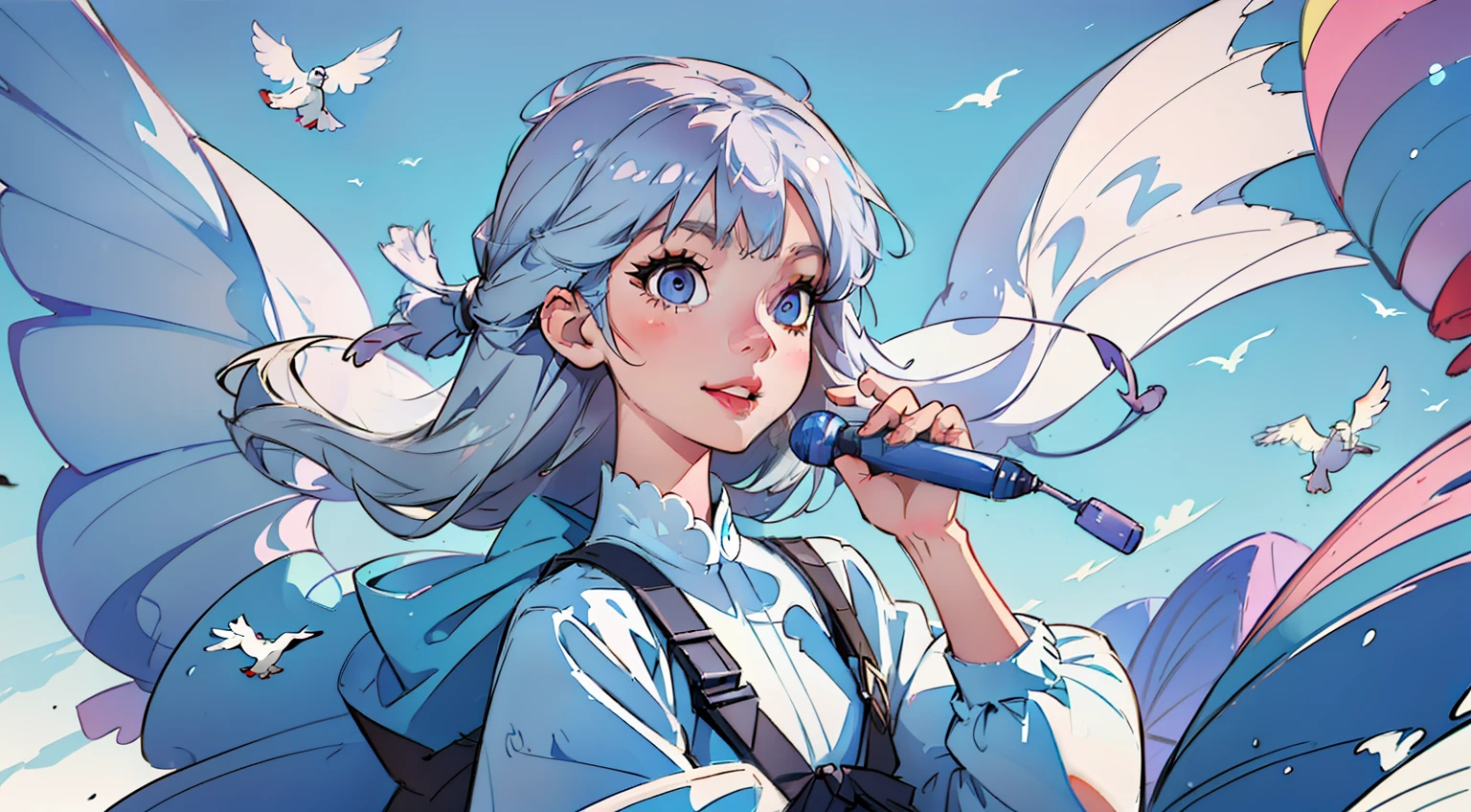 1sticker, Hand Account,Flying pigeons、 (a sticker, 1Girl Silver Hair,ssmile、a bird、microphone, blue-sky, Balloons), watercolor paiting, White background, Simple background, Minimal, Cute, Tiny, pastel color, Vector style, no gradien