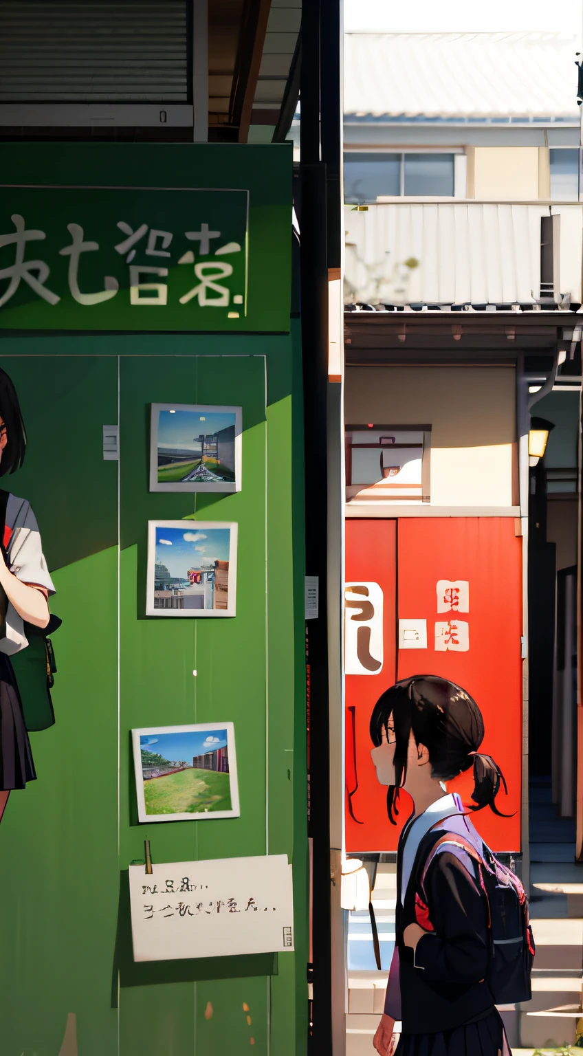 Remove Japanese on the background,Replace with:We are young。The girl's clothes changed into a school uniform with a white shirt and pleated skirt and carried a school bag。Behind is the school building