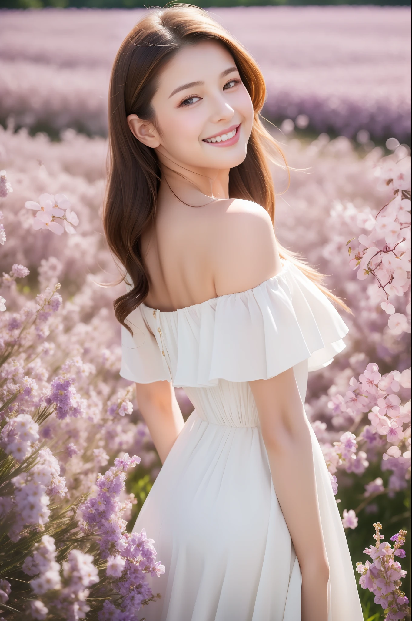 Best quality, masterpiece, ultra high res, (photorealistic:1.4), raw photo, 1girl, white dress, off shoulder, blossom violet flower field, glowing skin, light smile