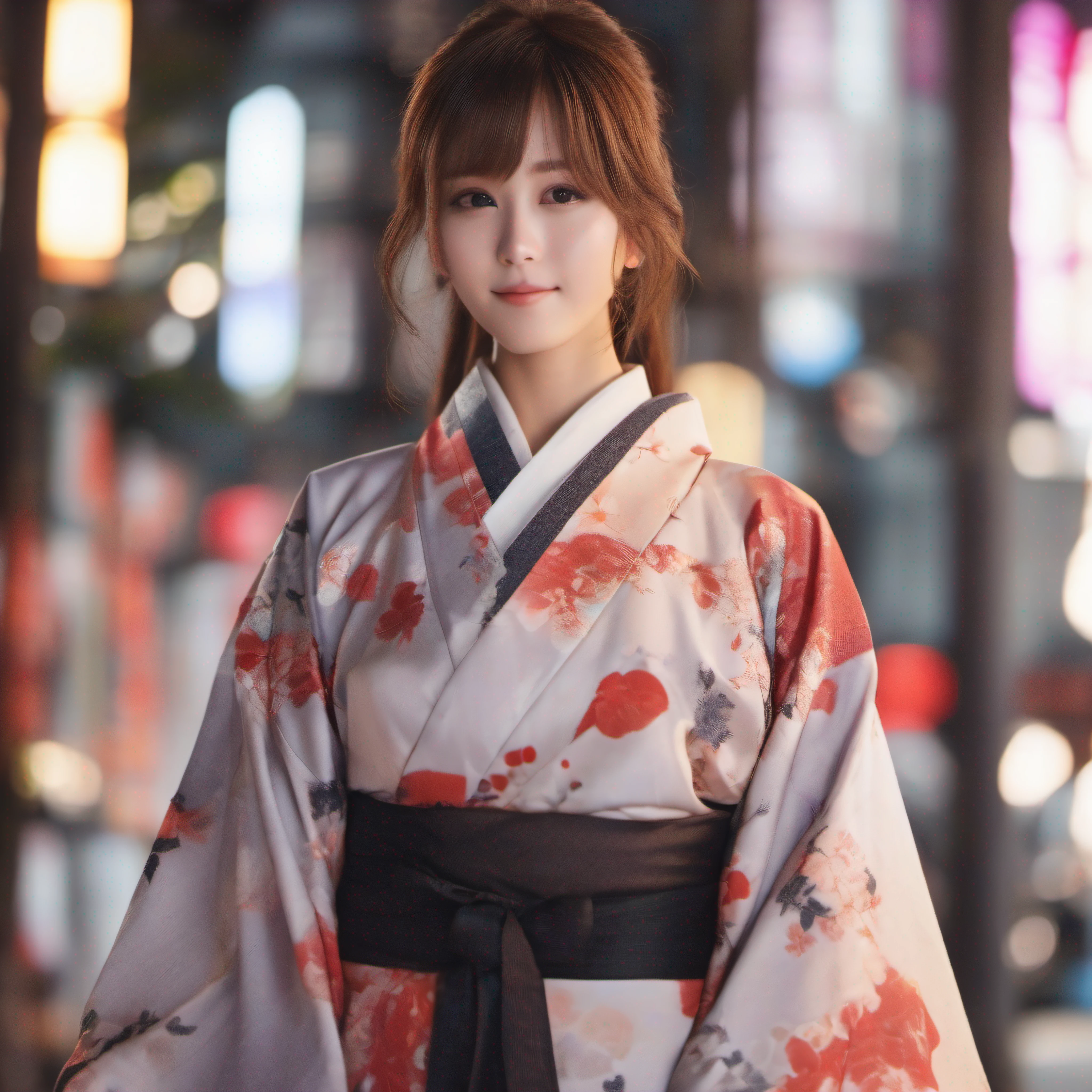 (8K、top-quality、masterpies:1.2)、Yukata with a beautiful red pattern、Chinese and half 26 year old beauty Japan、Raw photography、top-quality、​masterpiece、realisitic、Photorealsitic、cinematic color grading、Glossy skin、Glossy skin、Back lighting、Brown hair、Brown hair gathered、Tied up brown hair、walk、1girl in、Streets of Tokyo、Summer evening、A city scape、Uchiwa、Fans、Brown hair that looks good in a yukata、F1.8、The upper part of the body、a closeup、