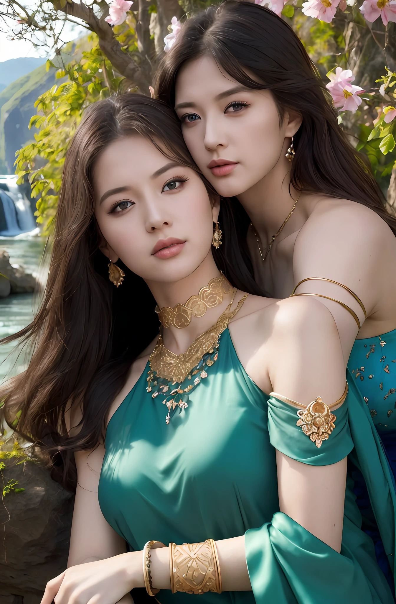 2girls,duo,8K Raw photograph,超高分辨率, filmgrain, filmg,view the viewer, Natural skin texture,Realistic eye and face details,((Realistic:1.5)),Ulzzang-6500:1.4,((Best quality)), ((Masterpiece)),((Detailed)),{2 beautiful women}, (Upper body:1.3),Hug and touch each other, Tease your friend's waist, Breathless friends, Biting a friend's earlobe, crouched,super wide shot,Face focus, Long legs,Curvy, Barefoot,Wide hips, Thin legs, Oversized eyes,Long eyelashes, (Detailed face,beautidful eyes, detailedpupils,detailed clothes features, Clear background:1.3), (armlets, bangle:1.3), Mysterious ancient ruins, floresta exuberante, Deep canyon,bridge,River,cliff,Cloud,lakes,Rock music,Waterfalls, Flowers, Grass,grape trees,tree,bright detail,Sharp,Perfect compounding, Intricate, Sharp focus, Dramatic,