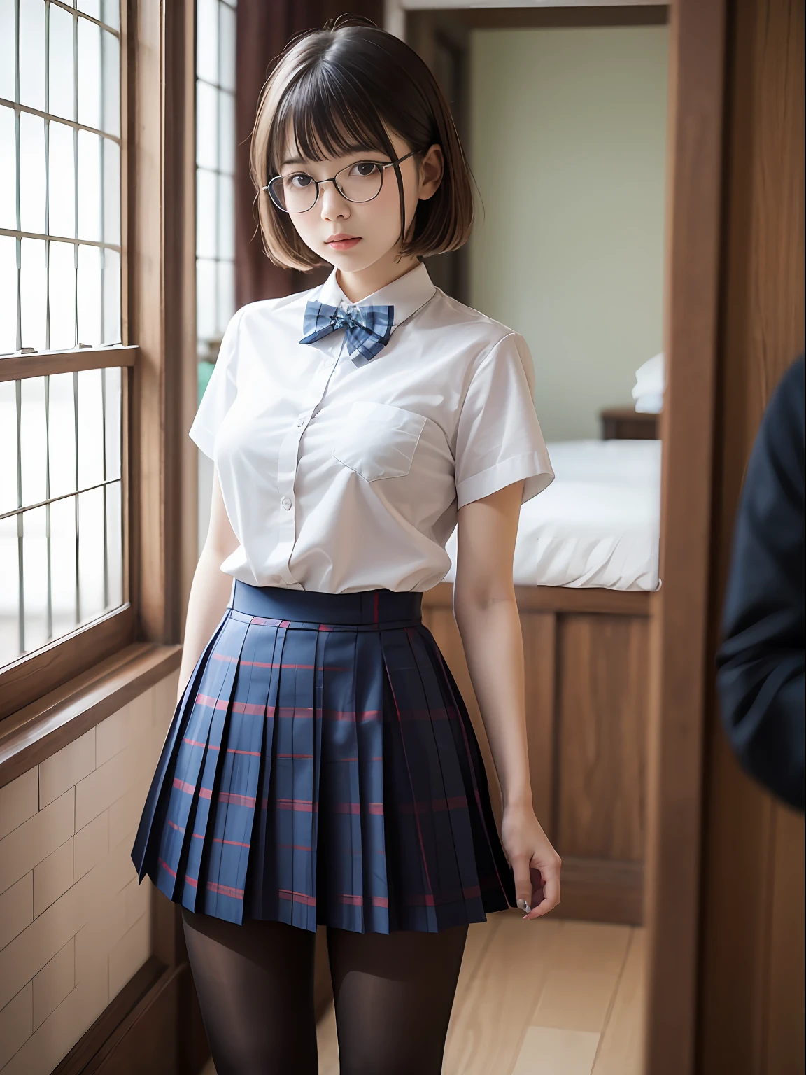 (8K、Raw photography、top-quality、masterpiece:1.2),de pele branca,kne,(Black pantyhose),absurderes,a small face,small tits,flat breast,Parting the bangs from the middle、Forehead visible,(Tight eyes,glares,Bullish,skinny,Rasping,irate)、masterpiece,top-quality、超A high resolution,Raw photo,ren,Beautiful fece,One Person, 独奏,eye glass,,Dark look,Small breasts,fullllbody,Round glasses、cute little、JK school uniform,hi-school girl,A Japanese Lady,is standing,(Photorealsitic:1.37)、Photon mapping,Light blue ribbon,Realistic、Cute little face,Brown-eyed、Black socks、(Red bow tie)、Radio City、Physically Based Rendering、Foreground、depth of fields、Blurry background、a picture,The girls、Body,beauty legs, Long legs, Thin leg,Long bob cut,(Bangs are visible), hair, s lips, Blue_The eye, nosesoft,(Light blue shirt), (Navy and blue and white plaid pleated skirt), Knees are visible,Sheer clothing,, Thigh, Black cotton socks,Nogizaka Idol, 女優, Japanese ido