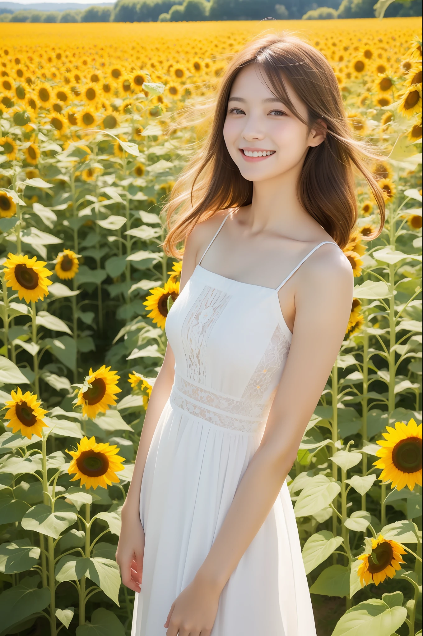 best qualtiy，tmasterpiece，超高分辨率，（真实感：1.4），RAW photogr，1girl，white dresses，cropped shoulders，Fields of blooming sunflowers，Glowing skin，Light smile