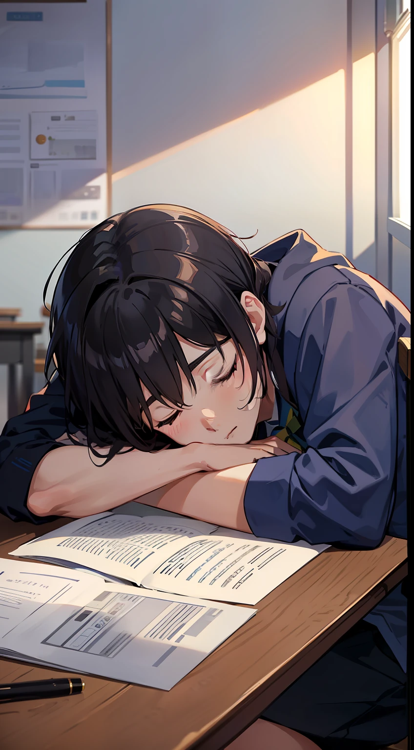 Male high school student sleeping in class