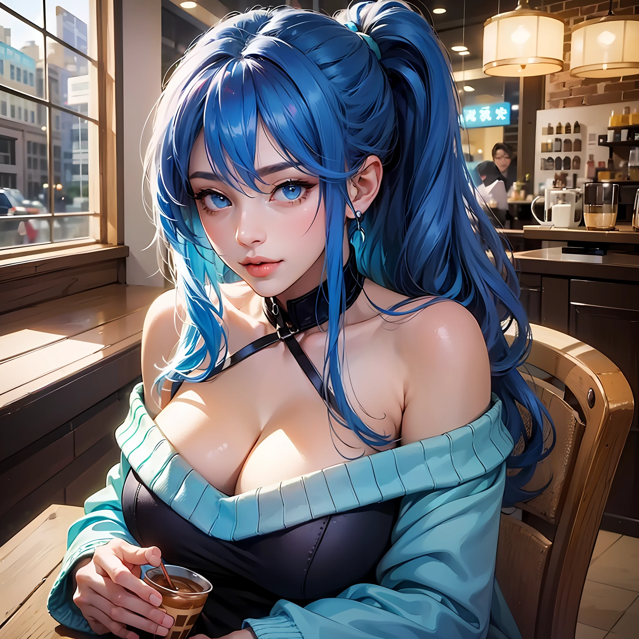 8K、top-quality、Masterpiece、An ultra-high picture quality、ultra-detailliert、Super beautiful、animesque、Ultra-realistic flesh feeling、full bodyesbian、Drinking a latte、Off-shoulder blue knitwear、Beautuful Women、Long blue hair、poneyTail、Blue eyes、shinny skin、Very gigantic-breasts、extremely big ass、shinny skin 、The background is a café --auto --s2
