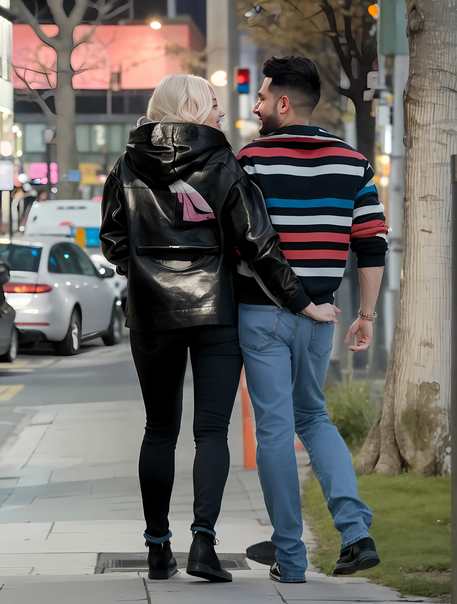 they are walking down the street holding hands, uhd candid photo of sexual practices in public, couple, in sunny weather, couple walking hand in hand, blond woman in high shine black jacket and man in cotton blue jeans and matte wool shirt are walking together, walking together, lovely couple, love, erotic, sex, sexual practicing, erotic pose, horny pose, orgasm, in city street, they are in love, on the street, on the street, wearing jeans and a black hoodie, in the street, surrounding the city, on sidewalk