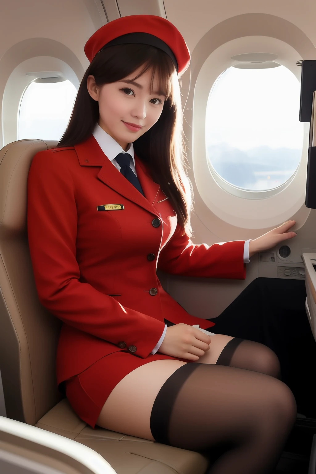 (Best quality: 1.1), (Realistic: 1.1), (Photography: 1.1), (highly details: 1.1), (1womanl), airline stewardess,red coat,short skirt,black lence stockings,bent down,mix4,in plan,In the plane,Hat