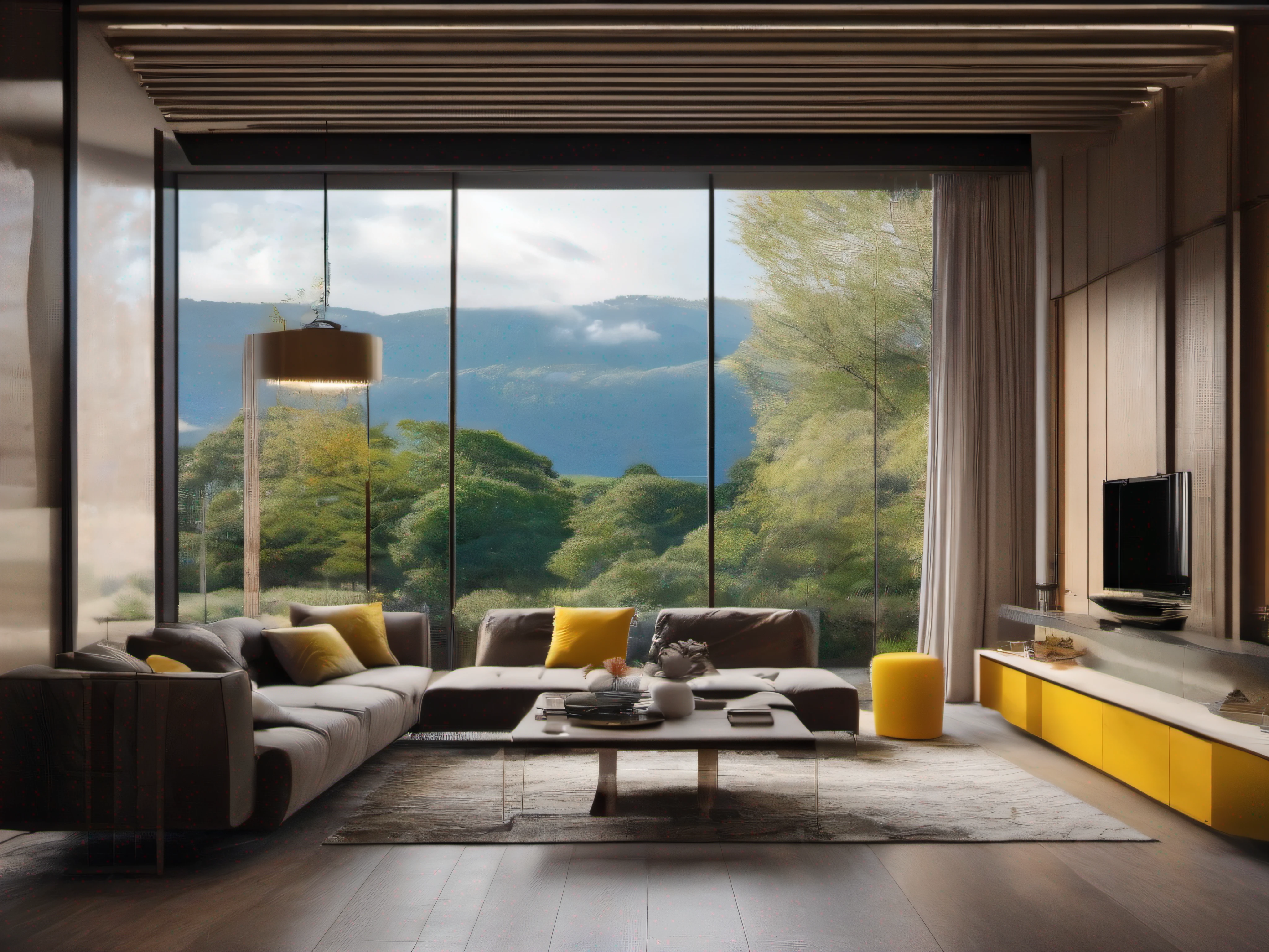 Stunning modern living room design comes to life under the lens of renowned architecture photographer, Habiter. The spacious bedroom has floor-to-ceiling windows that offer stunning views of a lush environment., Paysage verdoyant. The walls are adorned with minimalist artwork, perfectly complementing the clean and clean lines of the furniture. Des touches de couleurs vibrantes, comme le bleu sarcelle et le jaune moutarde, Accentuate the space, tandis que les textures moelleuses, comme le velours et la fausse fourrure, Ajoutez du confort. mou, Indirect lighting creates a warm and welcoming atmosphere, Create a serene and sophisticated atmosphere, Rayons divins, Fujicolor, f/2.8, 35 mm, award winning, super detail, High Details, High quality, Masterpiece, ccurate, high resolucion, 16k