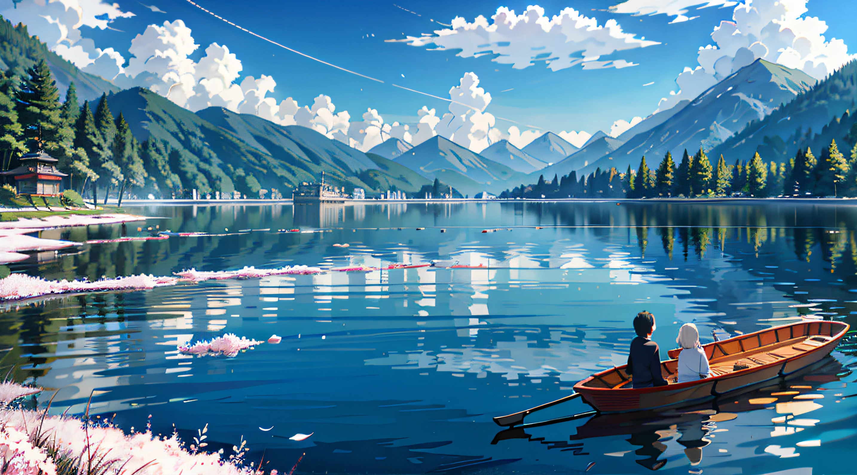 (Modern scenery of Japan),(in style of hayao miyazaki),Spring on the lake seems to be painted Chaotic peaks around the horizontal paving, epic composition,realistic illumination,high definition detail,tmasterpiece,best qualtiy,(The is very detailed的 CG unified 8k 壁纸), --v6