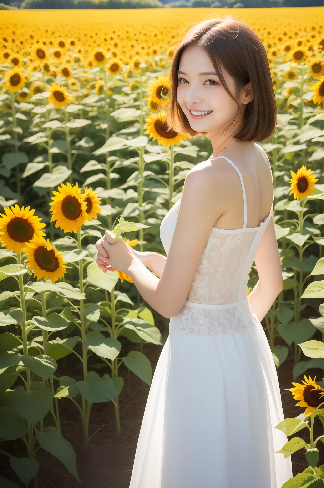 best qualtiy,tmasterpiece,超高分辨率,(真实感:1.4),RAW photogr,1girl,white dresses,cropped shoulders,Fields of blooming sunflowers,Glowing skin,Light smile