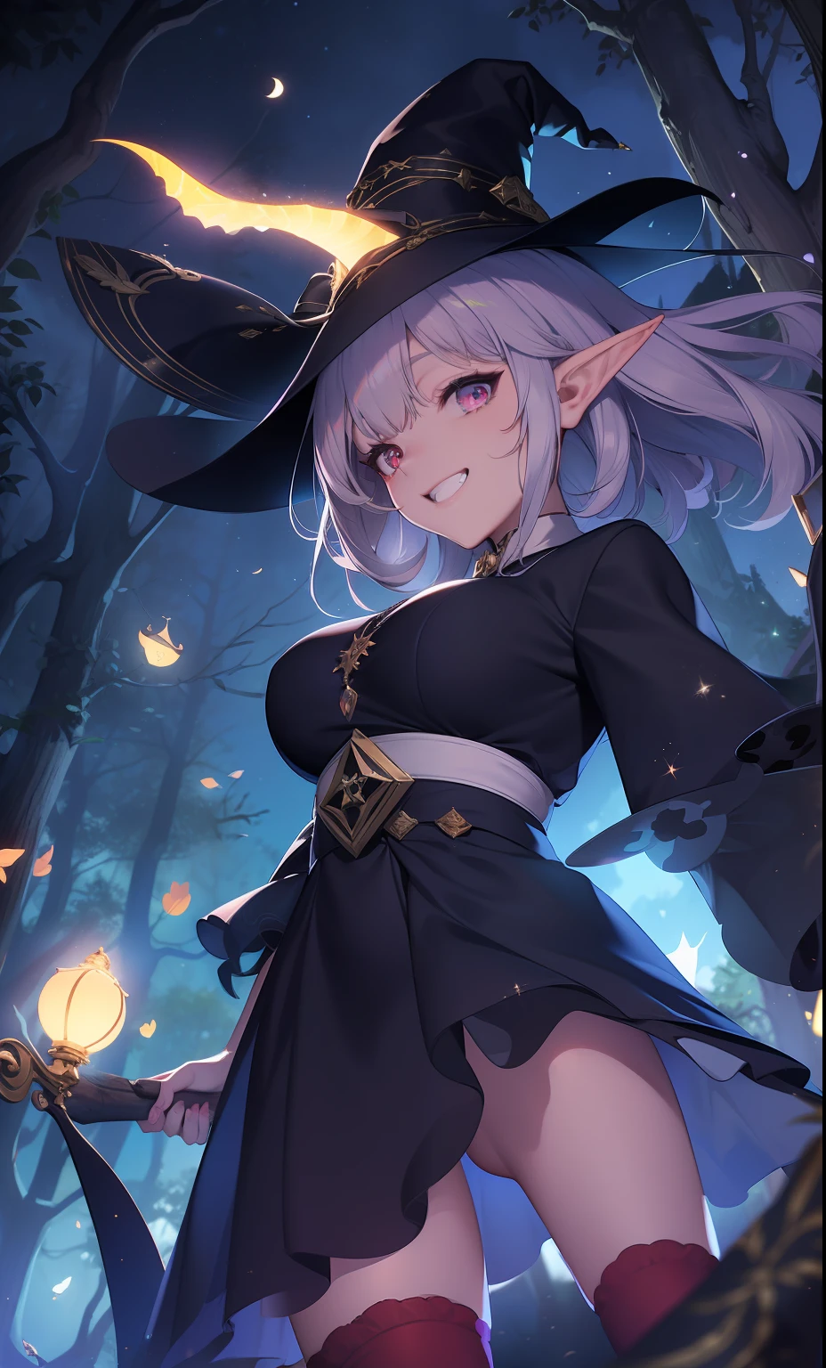 (Masterpiece, High quality:1.3), (fish eye:1.25), Sexy Witch, 18 years old, hand on hips, (Night, Magical dark forest:1.3), (Close-up, Upper body:1.3), (Solo:1.1), Perfect slim body, Red eyes, blond with short hair, bangs, ears of elf, grin, (Simple:1.1) Blue dress, (black:1.1) bound legs, Witch hat, glowworm, spark of light, epic sky, Moon, Dynamic light, dynamic shadowing, (From below:1.2)