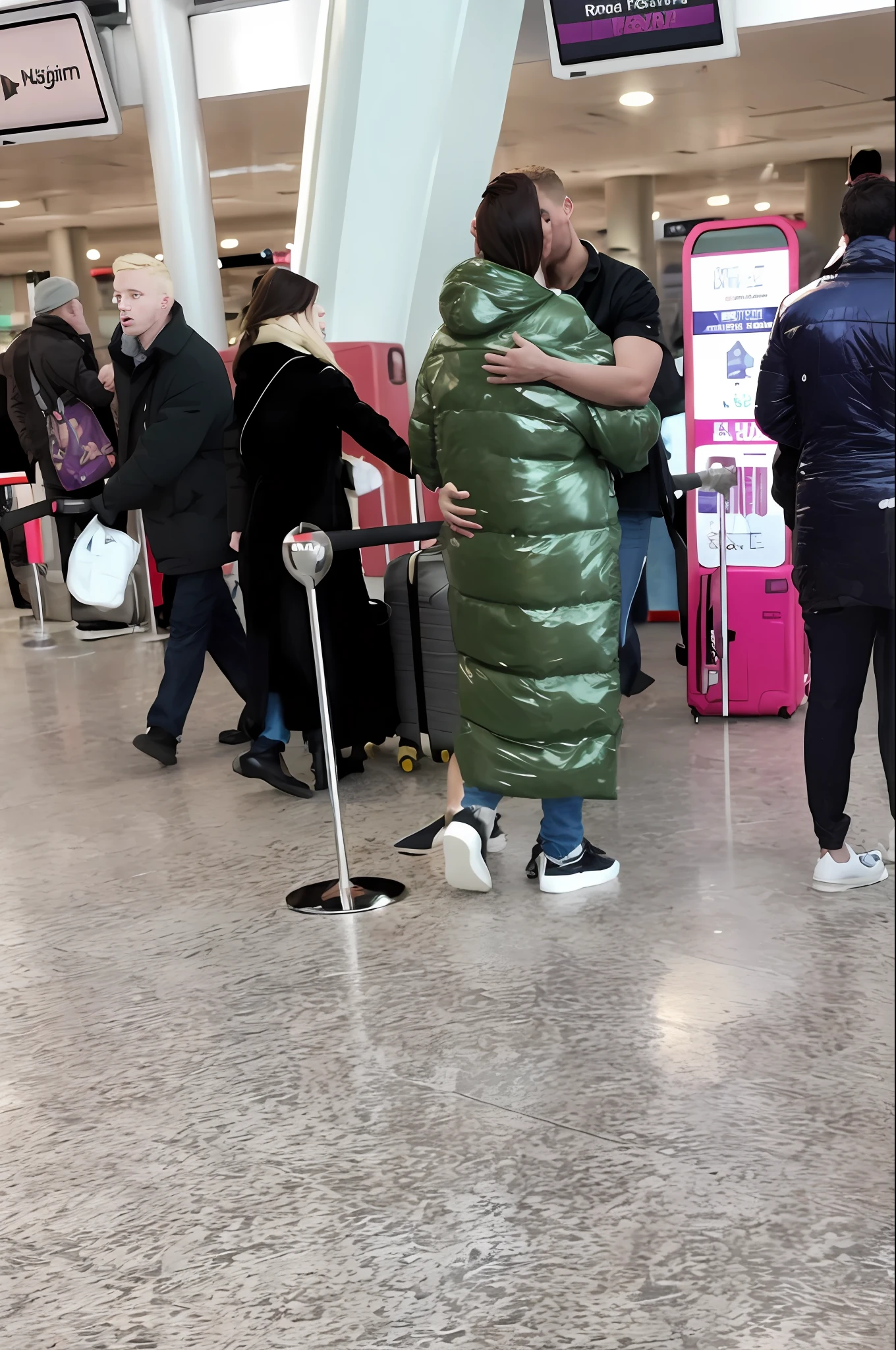people are standing in line at an airport with luggage, there is an attractively madeup middleaged woman in a laquered coat passionately kissing a young blond man in blue jeans and a t-shirt and in an airport hall, a longhaired middleaged woman is wearing a long green high-shine laquered downcoat, her back is to us, an orgasmic moaning middleaged woman in a high-shine coat is passionately kissing her blond shorthaired boyfriend, arm around her body, hugging, erotic pose, dramatic love pose, screaming passion, hugging her, kissing him, orgasm, loving views, they are in love, hugging, beautiful surroundings, private moment, face obscured, candid shot, photoshoot, uhd candid photo of dirty, photo shoot, couple, beautiful scene, hugging his knees, dsrl photo, instagram picture, reylo kissing, picture, 😭🤮 💔, stood in a supermarket, she is wearing a wet coat, 🤬 🤮 💕 🎀