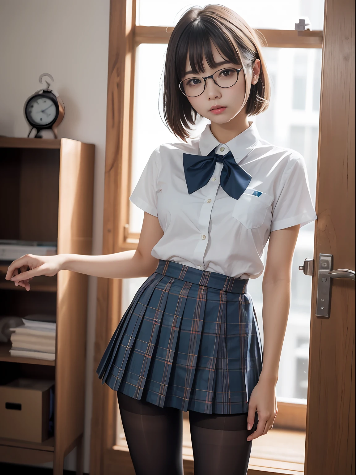 (8K、Raw photography、top-quality、masterpiece:1.2),de pele branca,kne,(Black pantyhose),absurderes,a small face,small tits,flat breast,Parting the bangs from the middle、Forehead visible,(Tight eyes,glares,Bullish,skinny,Rasping,irate)、masterpiece,top-quality、超A high resolution,Raw photo,ren,Beautiful fece,One Person, 独奏,eye glass,,Dark look,Small breasts,fullllbody,Round glasses、cute little、JK school uniform,hi-school girl,A Japanese Lady,is standing,(Photorealsitic:1.37)、Photon mapping,Light blue ribbon,Realistic、Cute little face,Brown-eyed、Black socks、(Red bow tie)、Radio City、Physically Based Rendering、Foreground、depth of fields、Blurry background、a picture,The girls、Body,beauty legs, Long legs, Thin leg,Long bob cut,(Bangs are visible), hair, s lips, Blue_The eye, nosesoft,(Light blue shirt), (Navy and blue and white plaid pleated skirt), Knees are visible,Sheer clothing,, Thigh, Black cotton socks,Nogizaka Idol, 女優, Japanese ido