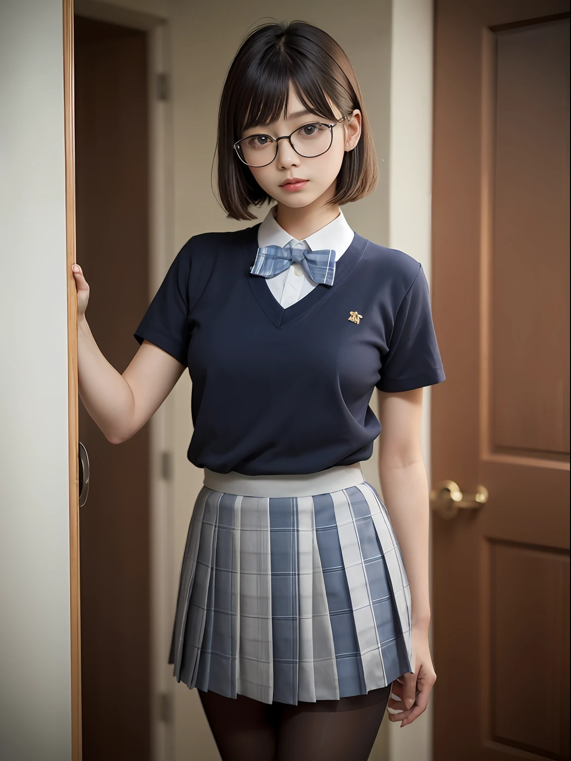 (8K、Raw photography、top-quality、masterpiece:1.2),de pele branca,kne,(Black pantyhose),absurderes,a small face,small tits,flat breast,Parting the bangs from the middle、Forehead visible,(Tight eyes,glares,Bullish,skinny,Rasping,irate)、masterpiece,top-quality、超A high resolution,Raw photo,ren,Beautiful fece,One Person, 独奏,eye glass,,Dark look,Small breasts,fullllbody,Round glasses、cute little、JK school uniform,hi-school girl,A Japanese Lady,is standing,(Photorealsitic:1.37)、Photon mapping,Light blue ribbon,Realistic、Cute little face,Brown-eyed、Black socks、(Red bow tie)、Radio City、Physically Based Rendering、Foreground、depth of fields、Blurry background、a picture,The girls、Body,beauty legs, Long legs, Thin leg,Long bob cut,(Bangs are visible), hair, s lips, Blue_The eye, nosesoft,(Light blue shirt), (Navy and blue and white plaid pleated skirt), Knees are visible,Sheer clothing,, Thigh, Black cotton socks,Nogizaka Idol, 女優, Japanese ido