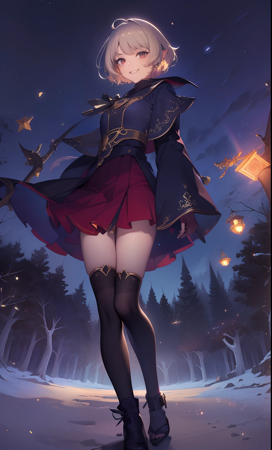 (Masterpiece, High quality:1.3), (fish eye:1.25), Sexy Witch, 18 years old, hand on hips, (Night, Magical dark forest:1.3), (Close-up, Upper body:1.3), (Solo:1.1), Perfect slim body, Red eyes, blond with short hair, bangs, ears of elf, grin, (Simple:1.1) Blue dress, (black:1.1) bound legs, Witch hat, glowworm, spark of light, epic sky, Moon, Dynamic light, dynamic shadowing, (From below:1.2)