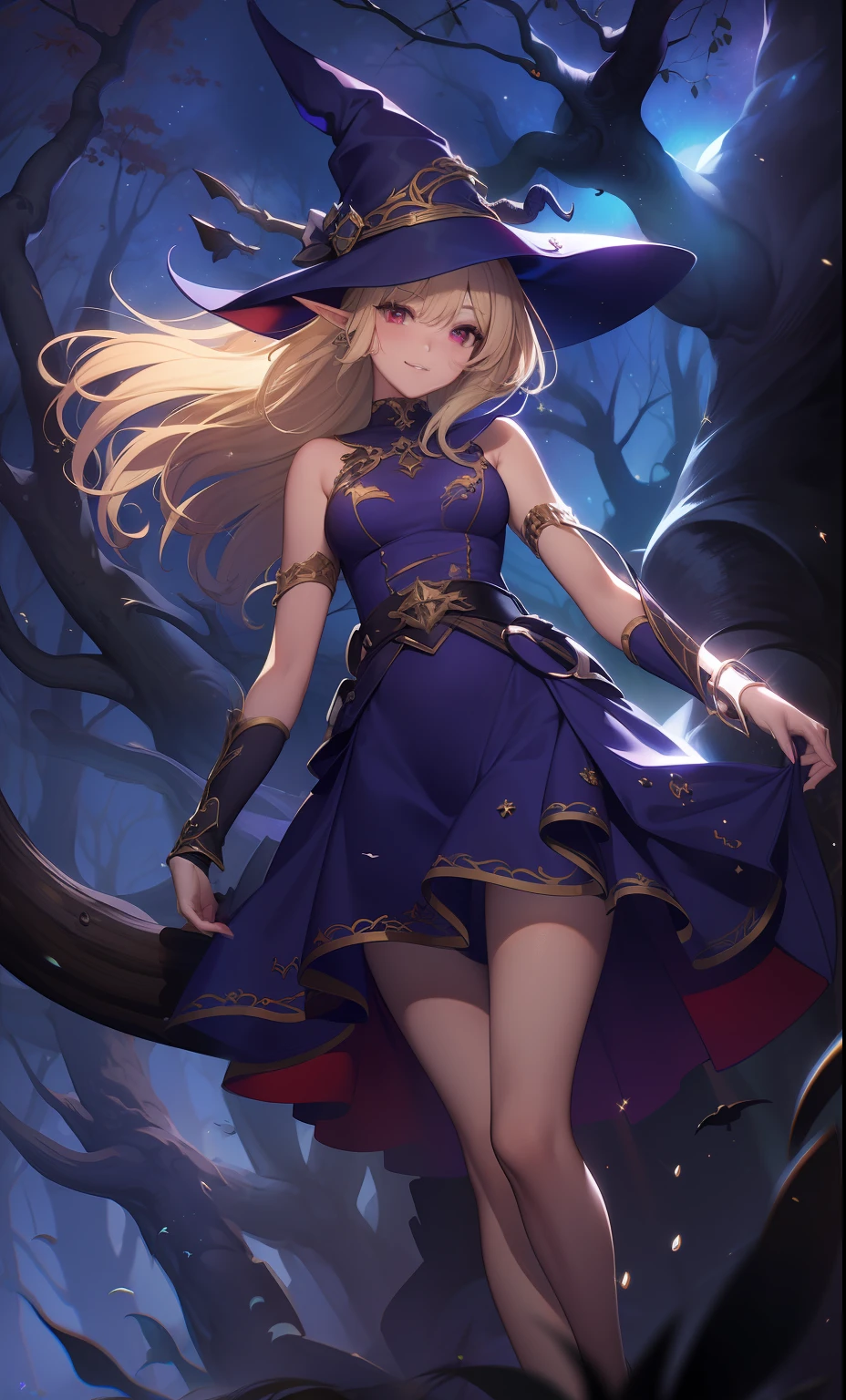 (Masterpiece, High quality:1.3), (fish eye:1.25), Sexy Witch, 18 years old, hand on hips, (Night, Magical dark forest:1.3), (Close-up, Upper body:1.3), (Solo:1.1), Perfect slim body, Red eyes, blond with short hair, bangs, ears of elf, grin, (Simple:1.1) Blue dress, (black:1.1) bound legs, Witch hat, glowworm, spark of light, epic sky, Moon, Dynamic light, dynamic shadowing, (From below:1.2)