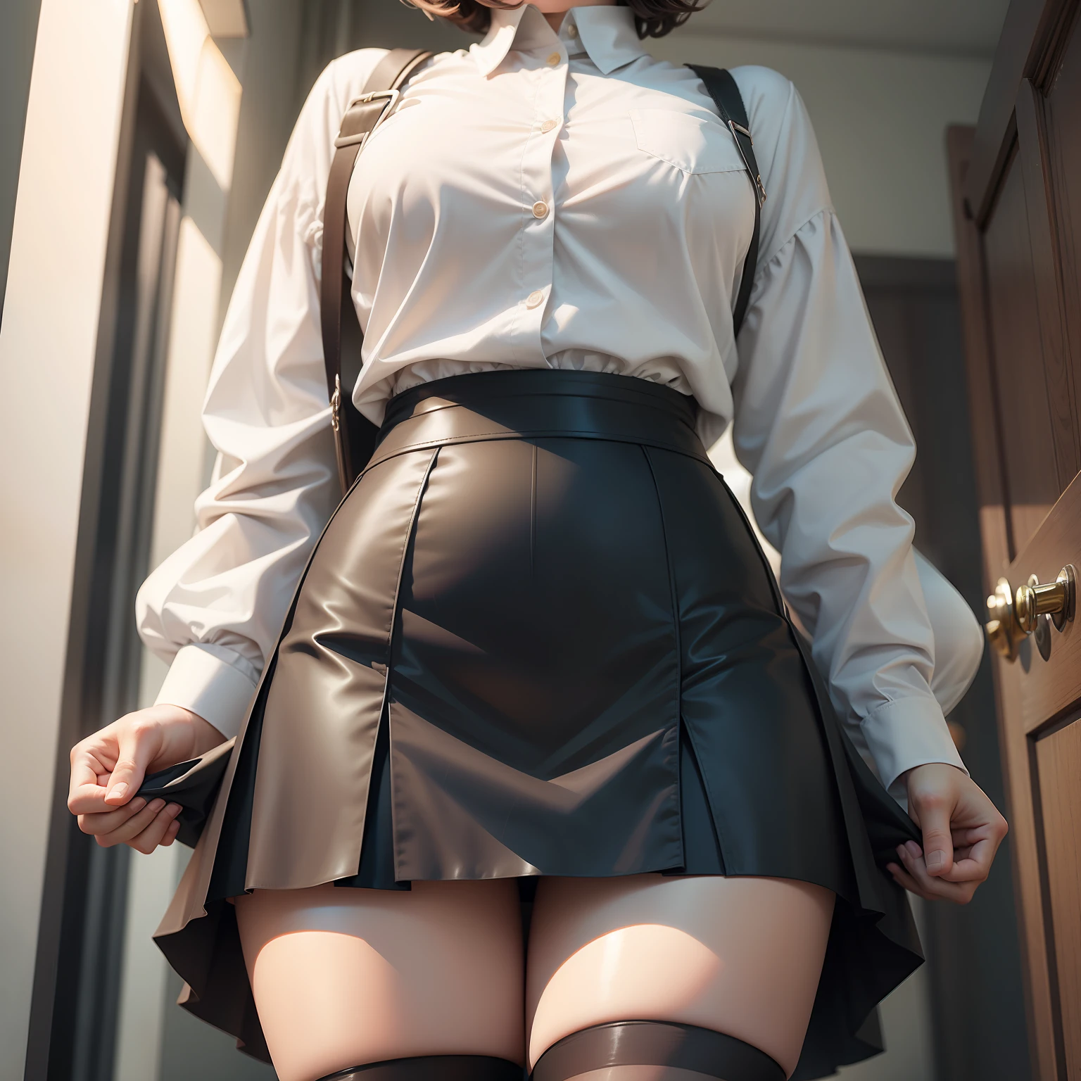 Girl with short hair in stockings wearing JK skirt