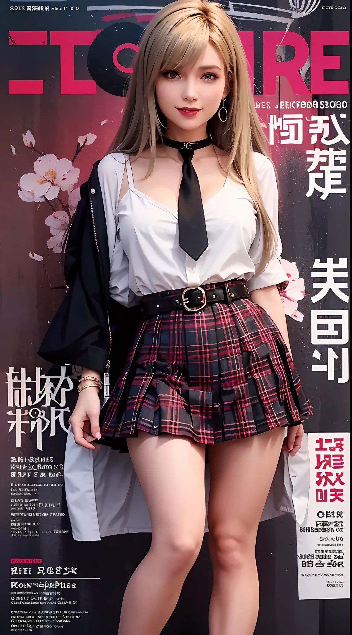 masterpiece, best quality, full body, 1girl, bangs, black choker, black necktie, blonde hair, blue skirt, blush, bracelet, breasts, choker, clothes around waist, collarbone, collared shirt, cowboy shot, dress shirt, ear piercing, eyebrows visible through hair, gradient hair, grin, gyaru, jewelry, kogal, long hair, looking at viewer, loose necktie, necktie, piercing, plaid, plaid skirt, pleated skirt, red eyes, ring, school uniform, shirt, skirt, smile, solo, white shirt, street, sky, cherry blossoms, petals,illustration, (magazine:1.3), (cover-style:1.3), fashionable, woman, vibrant, outfit, posing, front, colorful, dynamic, background, elements, confident, expression, holding, statement, accessory, majestic, coiled, around, touch, scene, text, cover, bold, attention-grabbing, title, stylish, font, catchy, headline, larger, striking, modern, trendy, focus, fashion,