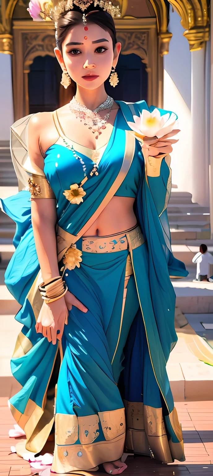 The clothing on the body is made of various flowers,Attached to the body,Various flowers, Sexy body, Elegant flowers and plants on gorgeous figure, waist - shot, her hand is on her waist,Barefoot,White skin of the, Capture the, Charming décor, Her navel was exposed, Flowers replaced the clothes of the whole body,fully body photo,with blue sky and white clouds,Body background with round light,