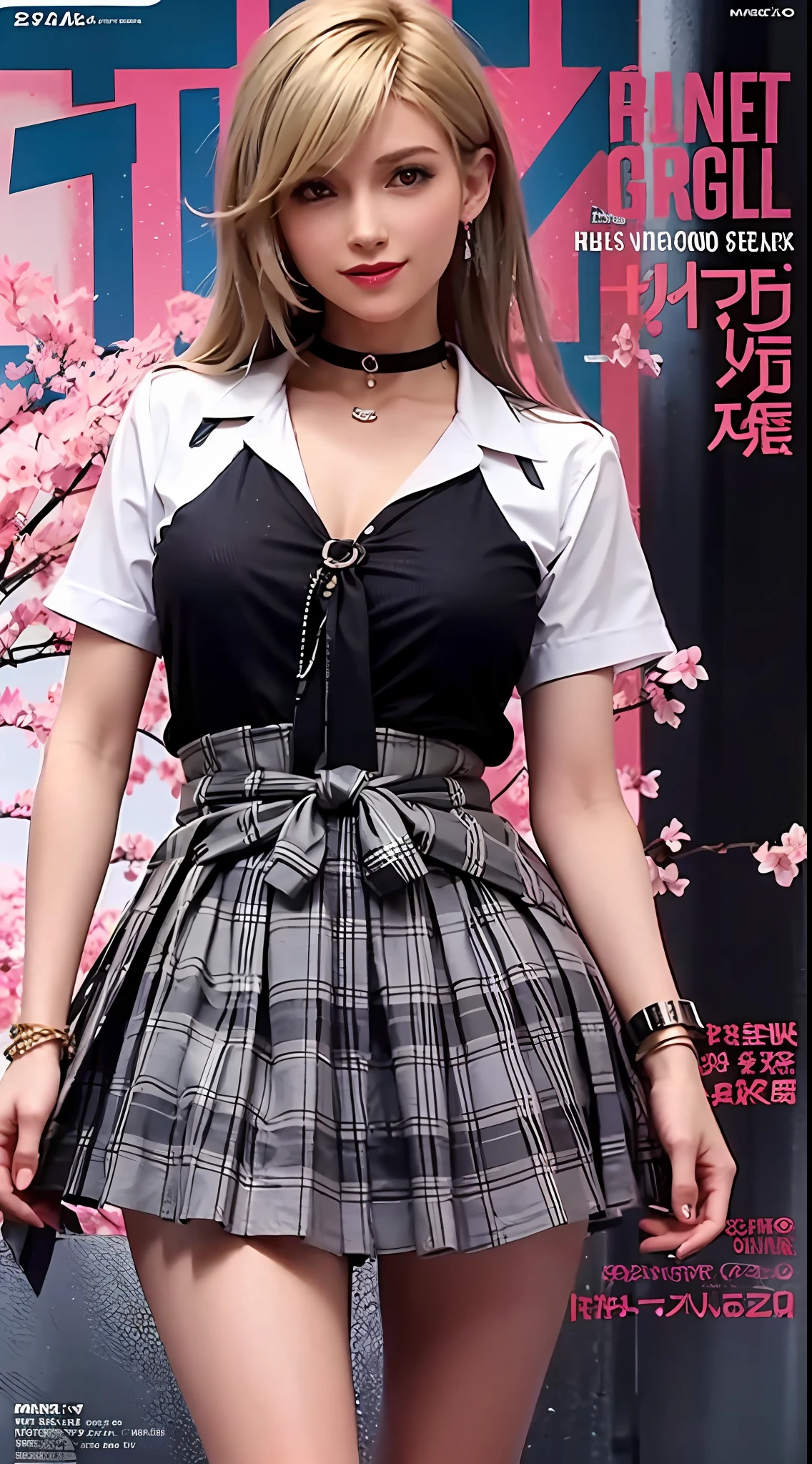 masterpiece, best quality, full body, 1girl, bangs, black choker, black necktie, blonde hair, blue skirt, blush, bracelet, breasts, choker, clothes around waist, collarbone, collared shirt, cowboy shot, dress shirt, ear piercing, eyebrows visible through hair, gradient hair, grin, gyaru, jewelry, kogal, long hair, looking at viewer, loose necktie, necktie, piercing, plaid, plaid skirt, pleated skirt, red eyes, ring, school uniform, shirt, skirt, smile, solo, white shirt, street, sky, cherry blossoms, petals,illustration, (magazine:1.3), (cover-style:1.3), fashionable, woman, vibrant, outfit, posing, front, colorful, dynamic, background, elements, confident, expression, holding, statement, accessory, majestic, coiled, around, touch, scene, text, cover, bold, attention-grabbing, title, stylish, font, catchy, headline, larger, striking, modern, trendy, focus, fashion,