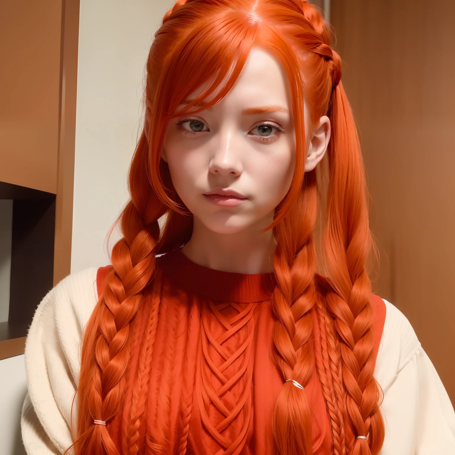 a close up of a woman with red hair wearing a red sweater, long braided orange red hair, complex redhead braided hair, red braided hair, red intricate long braids, two pigtails hairstyle, pigtails hairstyle, ginger hair, flowing ginger hair, orange braided hair, redhead girl, long ginger hair, red hair and attractive features, red head, redhead woman