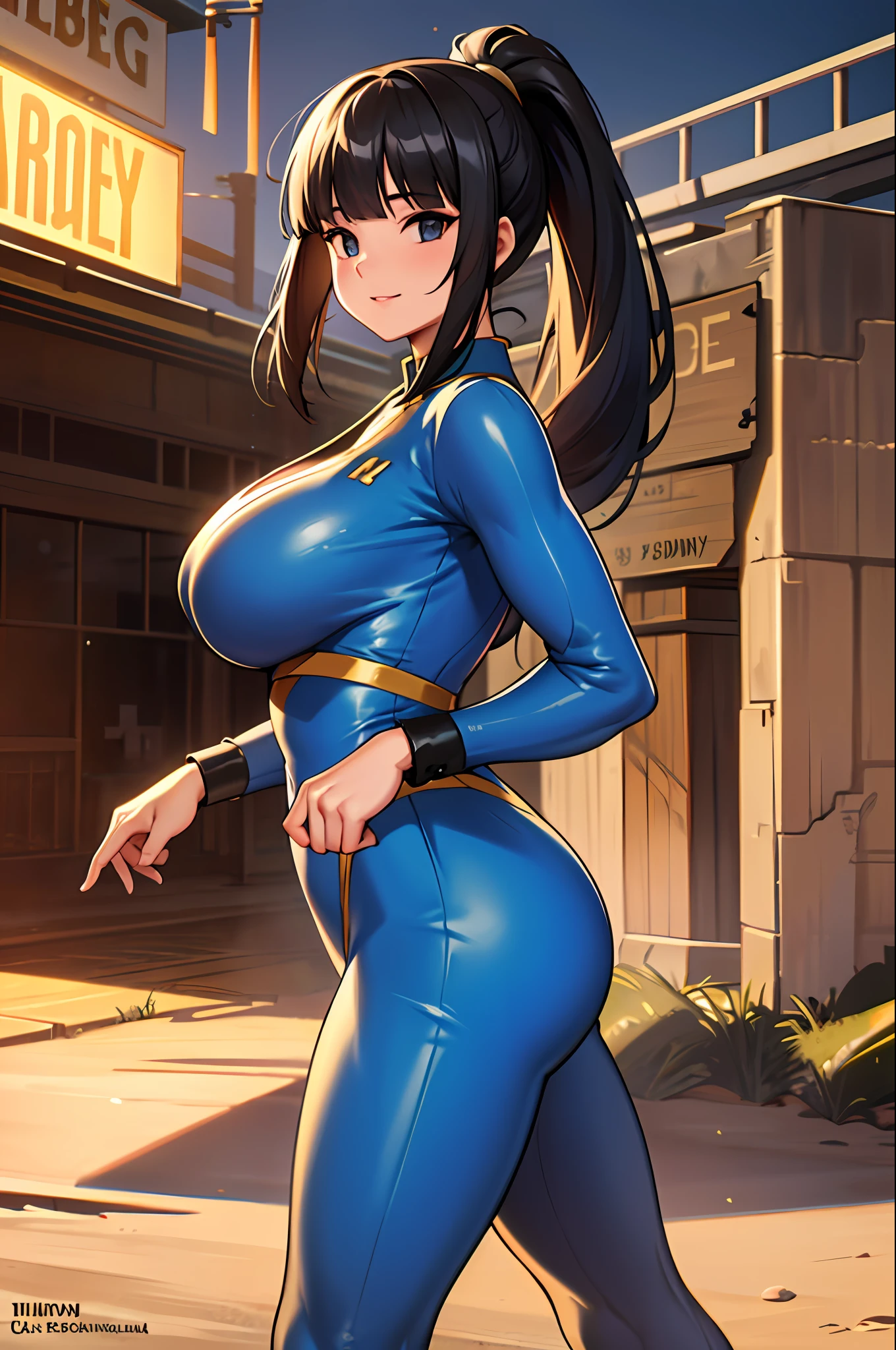 RAW photo, best quality, (photorealistic:1.4), ultra high res, 8k, realistic, film grain, soft lighting, sharp focus,
1girl, (24 years old:1.2), refined woman, famous korean idol,
looking at viewer, from behind, standing,
big breasts, realistic body, wide hips, fair skin, shiny skin, slender body, good figure,
black hair, long straight hair, (ponytail, blunt bangs:1.2),
smile, cute, cute face, realistic face, beautifully detailed eyes, drooping eyes,
(VaultJumpsuit:1.1), long sleeves, blue_Vault_Jumpsuit, boots, skin tight, blue_and_yellow_Vault_Jumpsuit, number_on_jumpsuit,
outdoors, wasteland, fallout, ruined landscape,
dynamic lighting, face light,