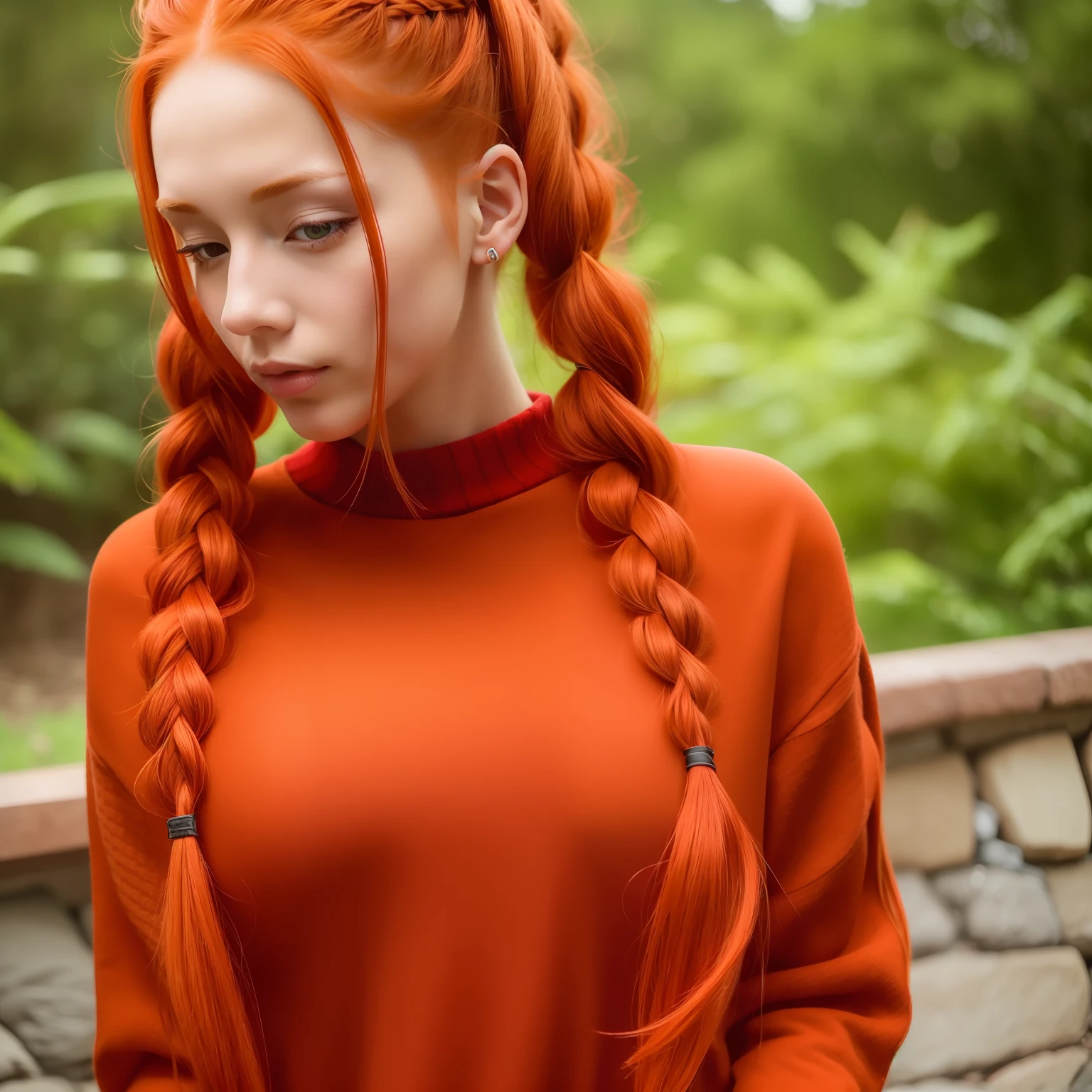 a close up of a woman with red hair wearing a red sweater, long braided orange red hair, complex redhead braided hair, red braided hair, red intricate long braids, two pigtails hairstyle, pigtails hairstyle, ginger hair, flowing ginger hair, orange braided hair, redhead girl, long ginger hair, red hair and attractive features, red head, redhead woman